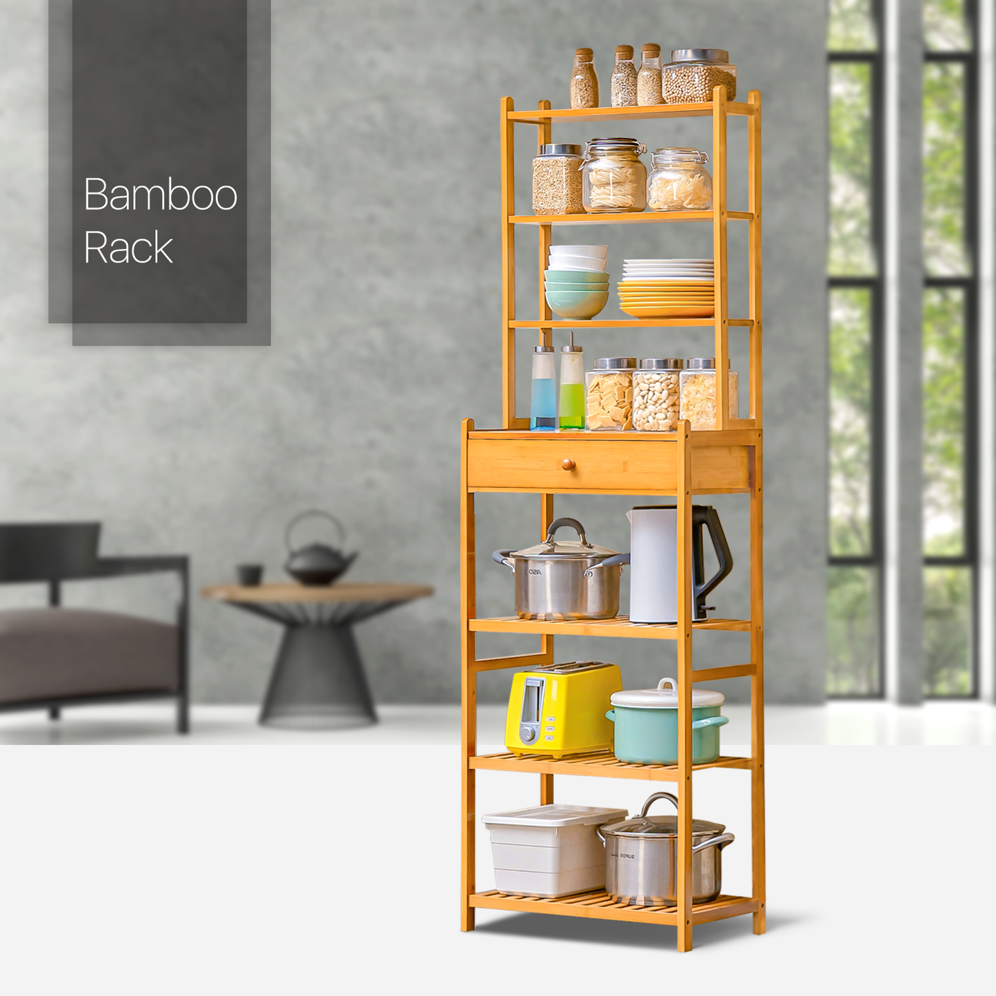 Multi-Functional Kitchen Baker's Rack - 7 Tier - with Drawer - Natural