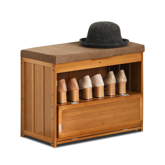 Shoe Rack Organizer Cabinet - Changing Bench - with Upholstered Flip-Open Storage & Drop Down Door - 2 Tier - Brown