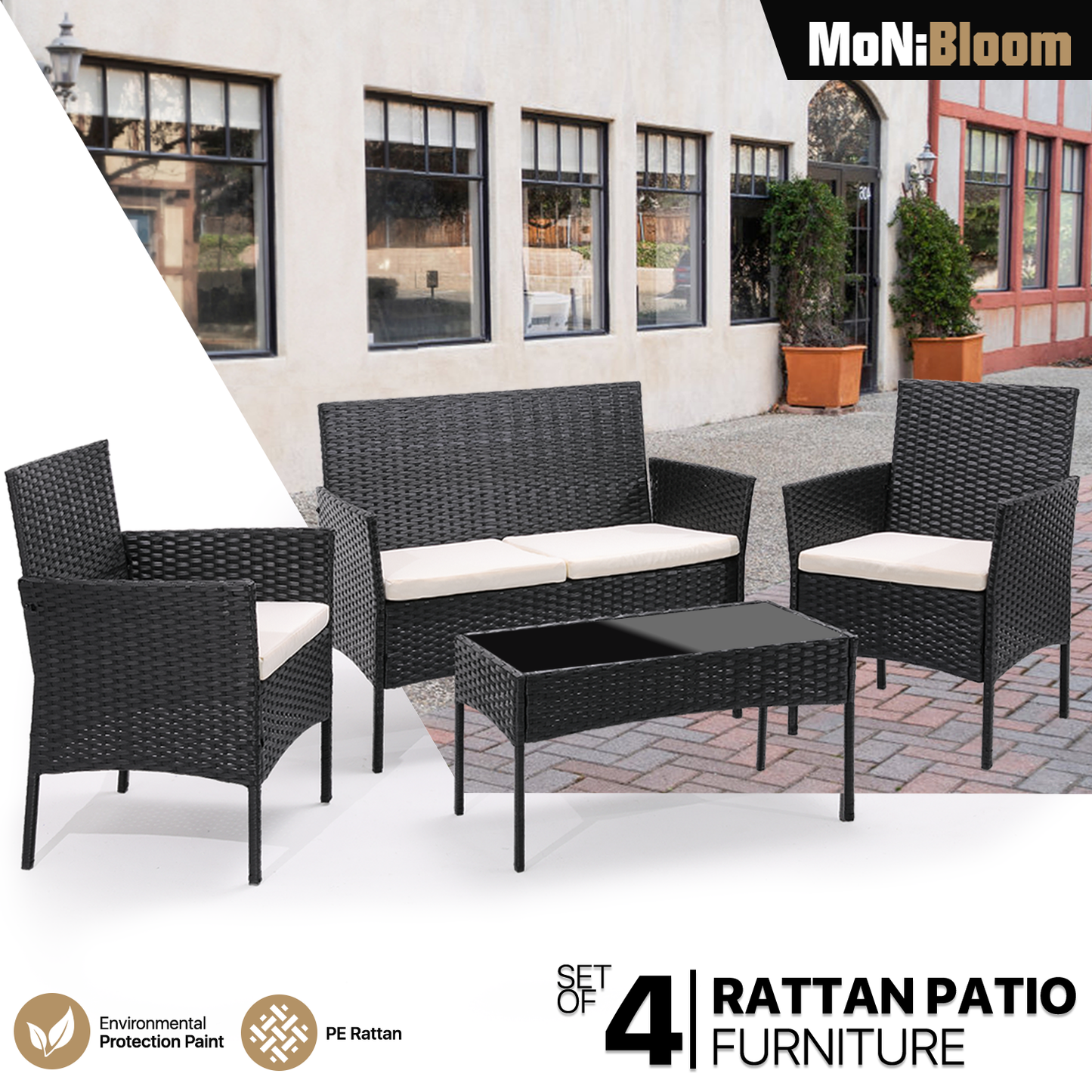 GARDEN PATIO SET-2*Single Chair+1*Love Chair size+ 1*Table-BLACK