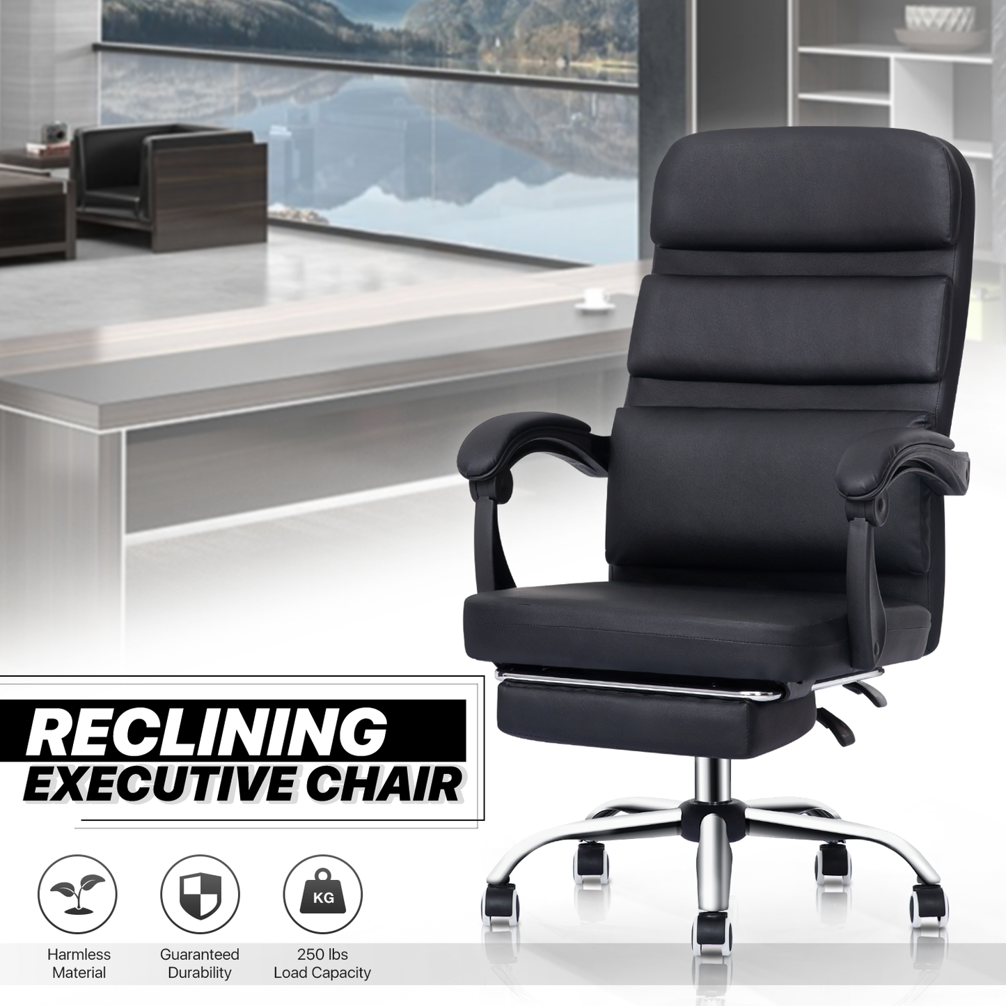 Faux Leather Fully Adjustable Executive Chair - Black - 29" x 47" Studded Mat Set