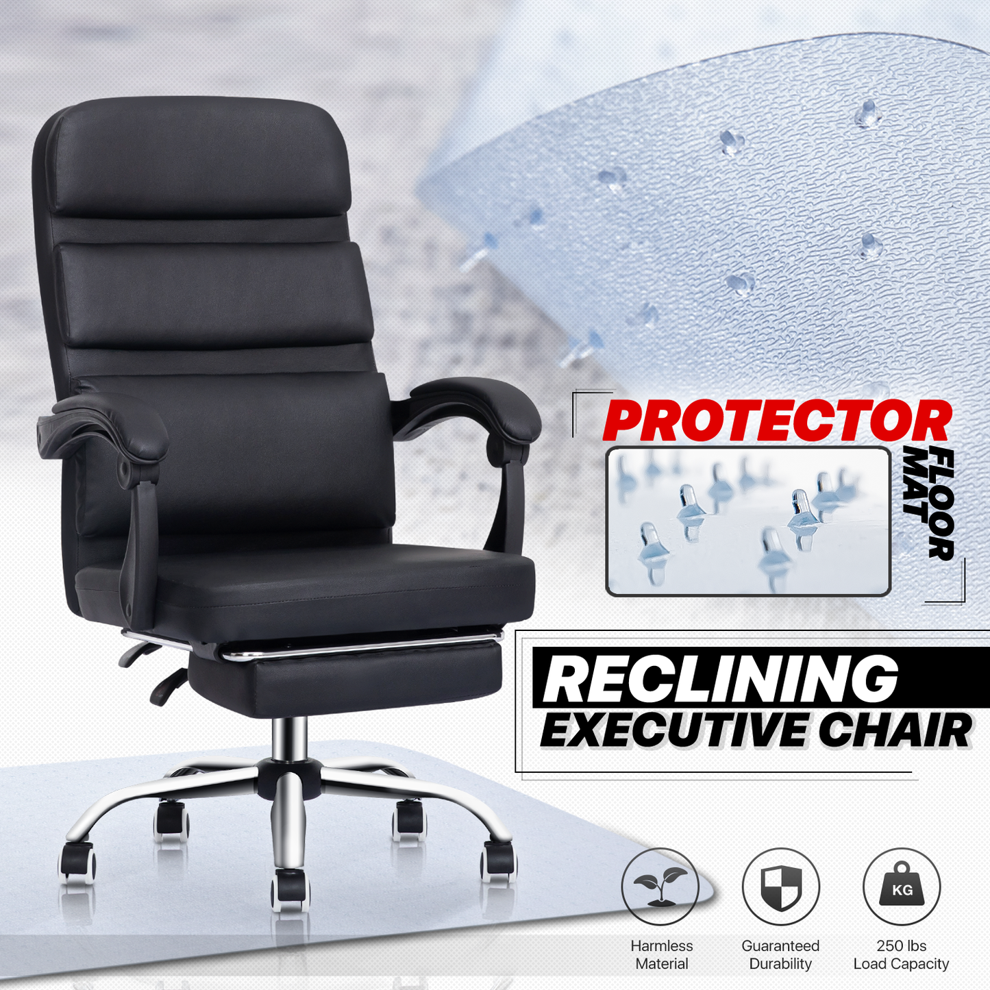 Faux Leather Fully Adjustable Executive Chair - Black - 29" x 47" Studded Mat Set