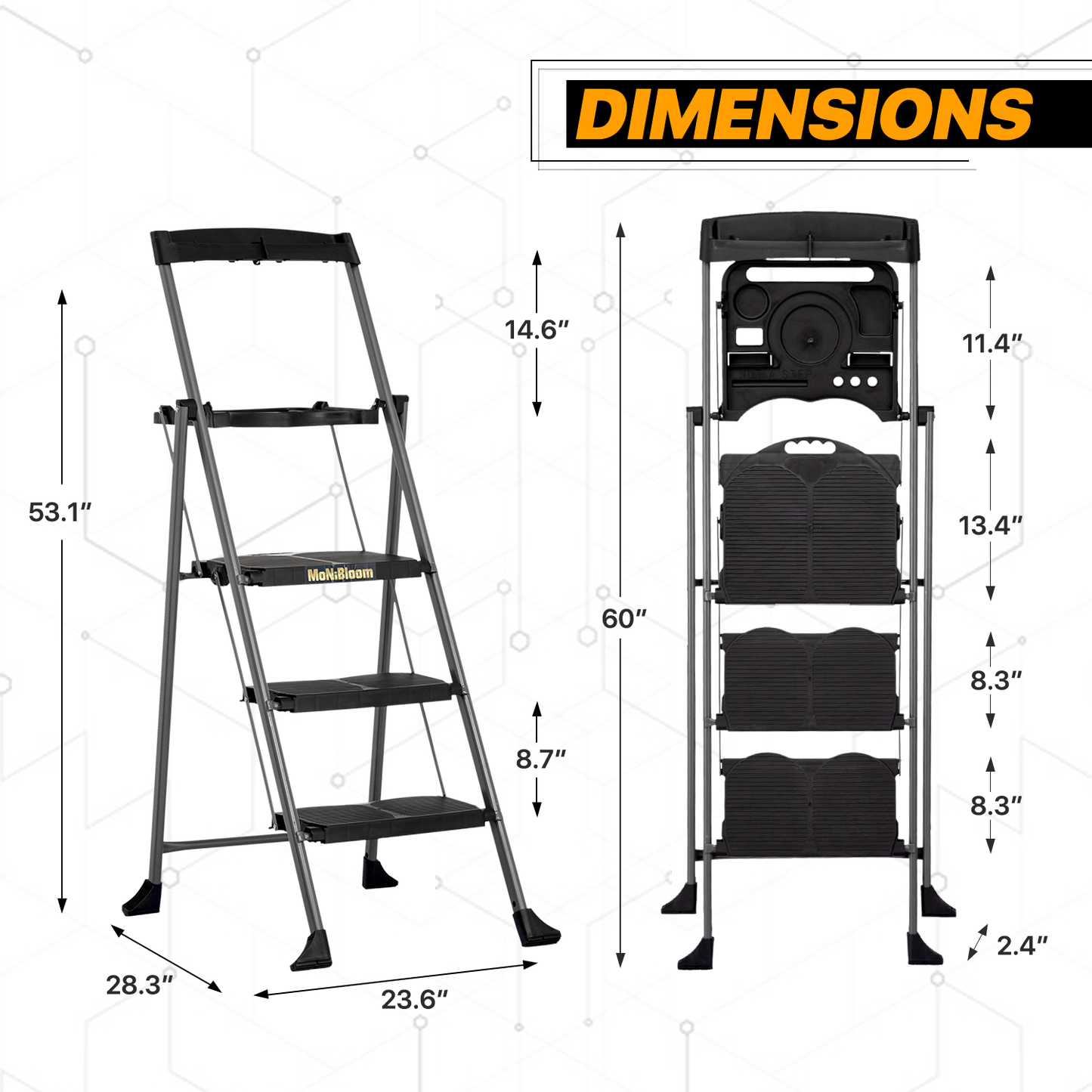 Tool Holder Handle Folding Step Ladder w/Tool Tray - 3 Steps 4.43 ft/53.1", Black