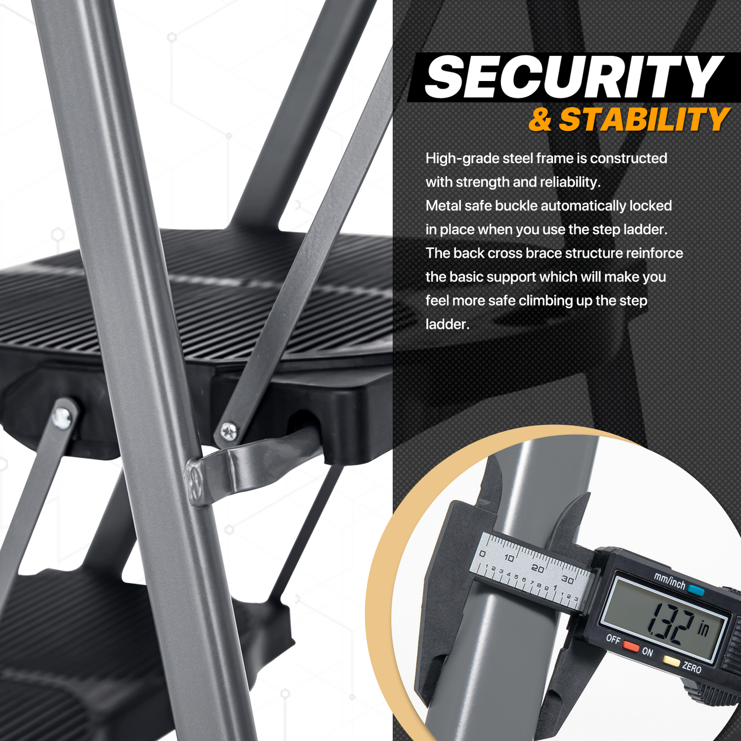 Tool Holder Handle Folding Step Ladder w/Tool Tray - 3 Steps 4.43 ft/53.1", Black