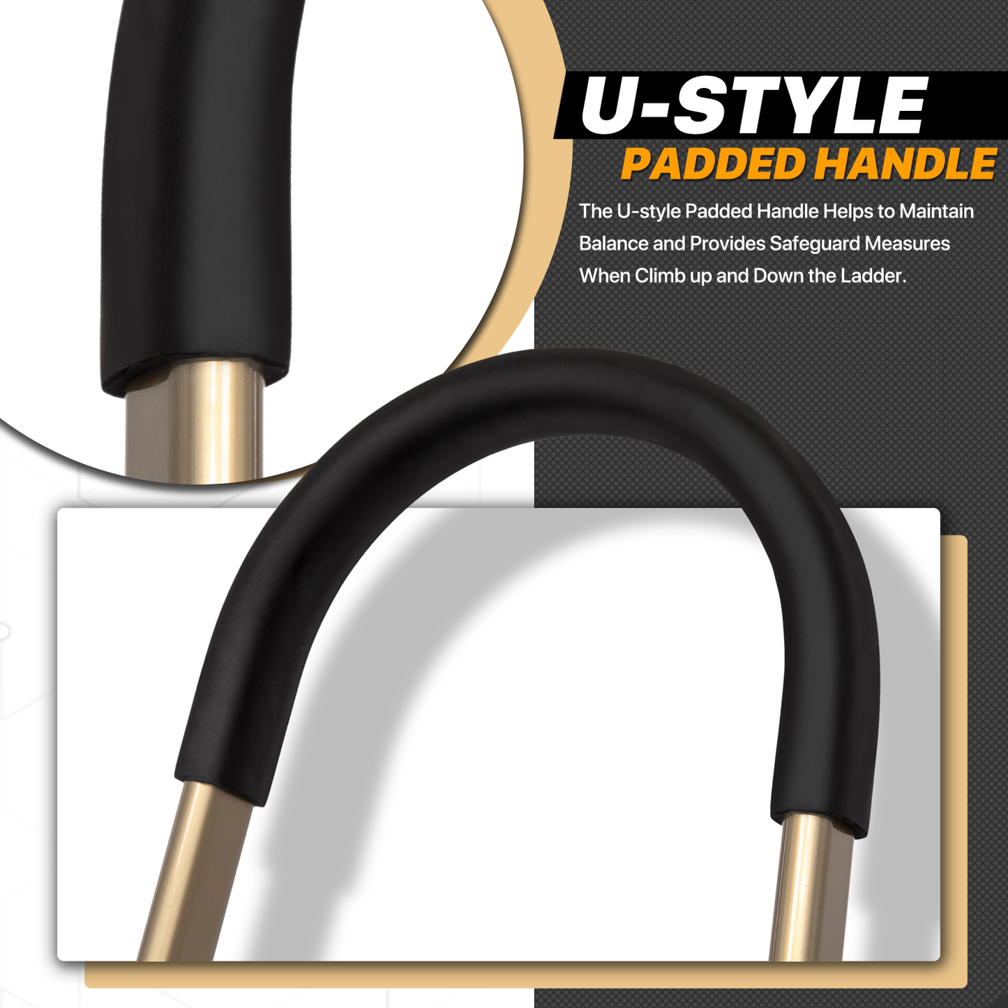 U-Shaped Padded Handle Folding Step Ladder - 4 Steps 4.74 ft/56.9", Gold