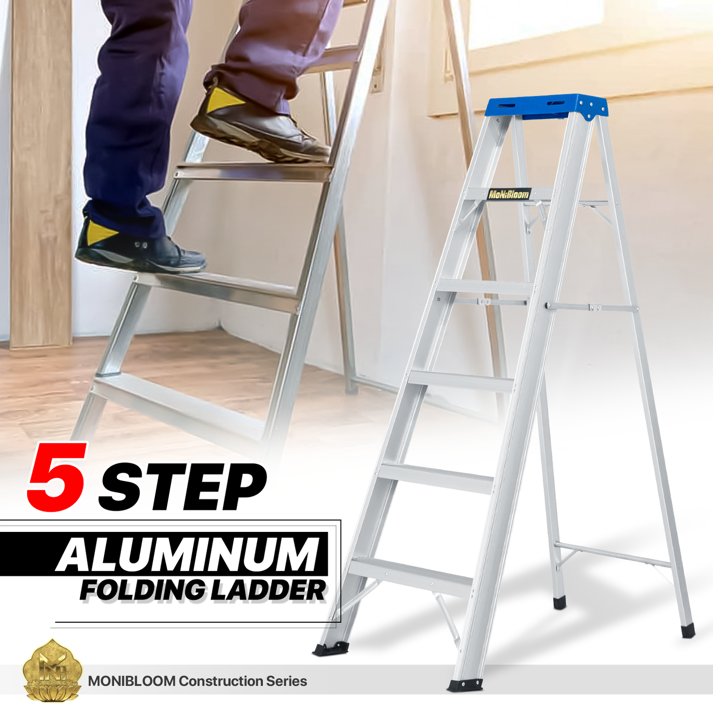 A-Frame Folding Ladder w/Tool Tray - 5 Steps 4.88 ft/58.5", Blue/Silver