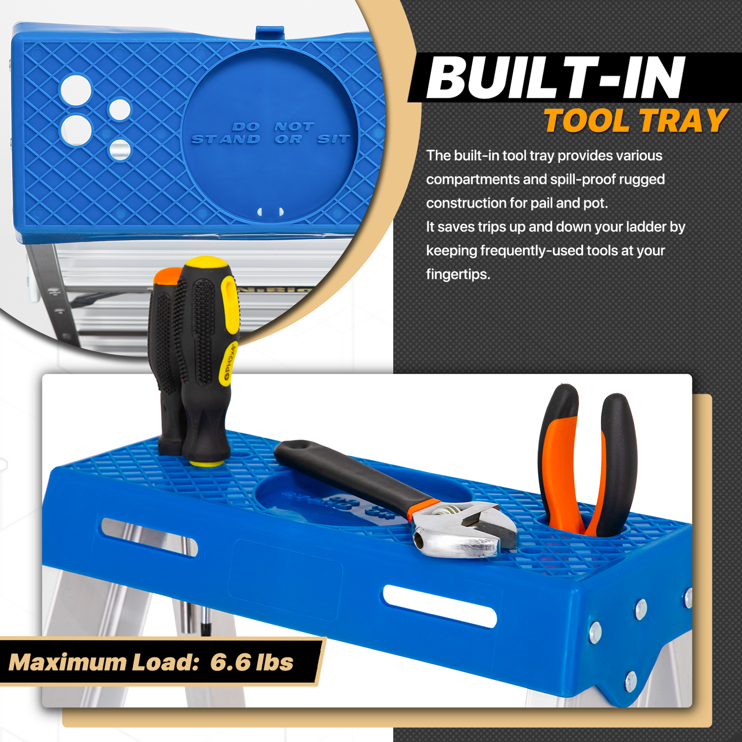 A-Frame Folding Ladder w/Tool Tray - 5 Steps 4.88 ft/58.5", Blue/Silver