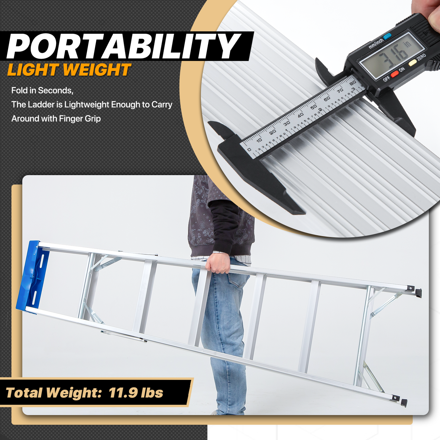 A-Frame Folding Ladder w/Tool Tray - 6 Steps 5.66 ft/67.9", Blue/Silver