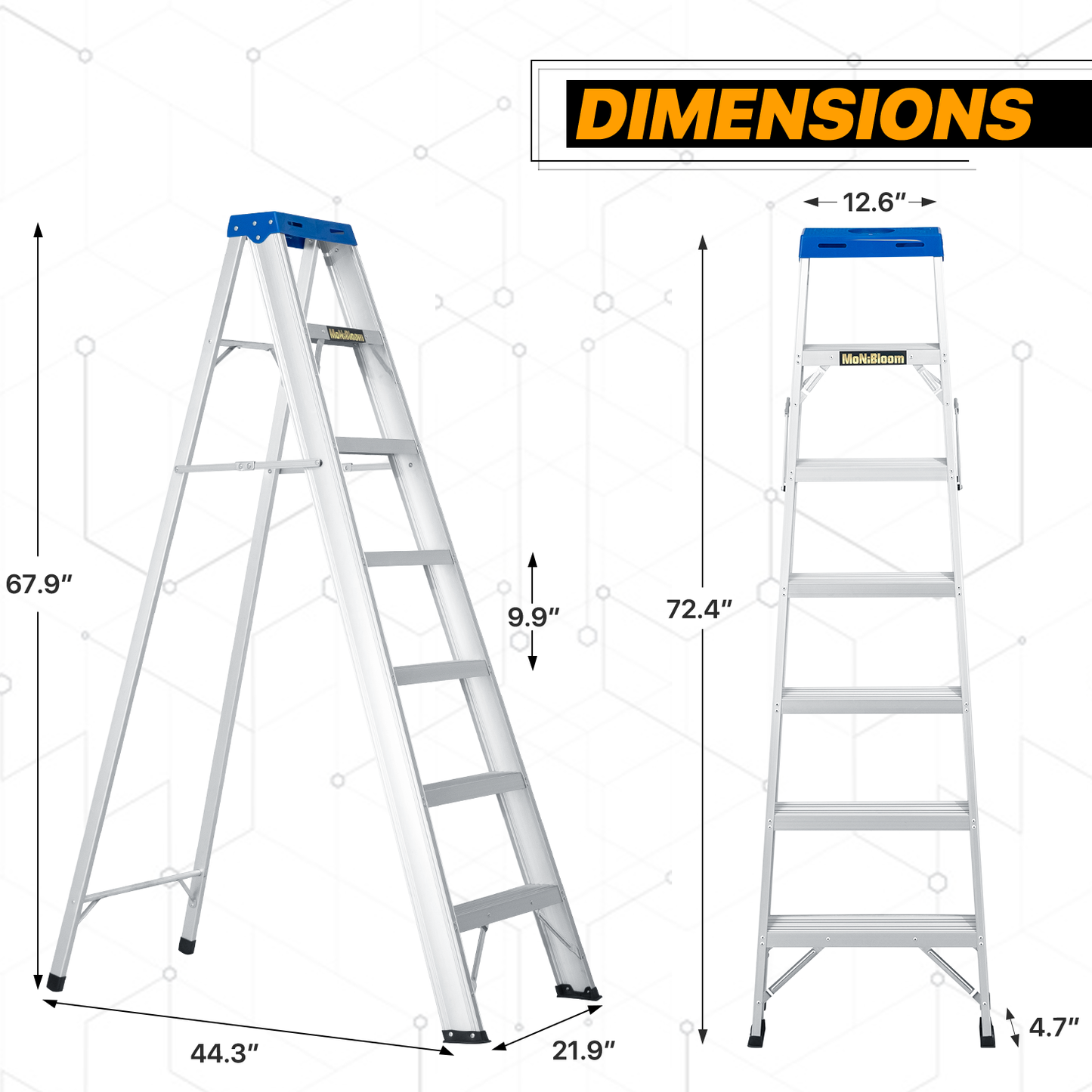 A-Frame Folding Ladder w/Tool Tray - 6 Steps 5.66 ft/67.9", Blue/Silver