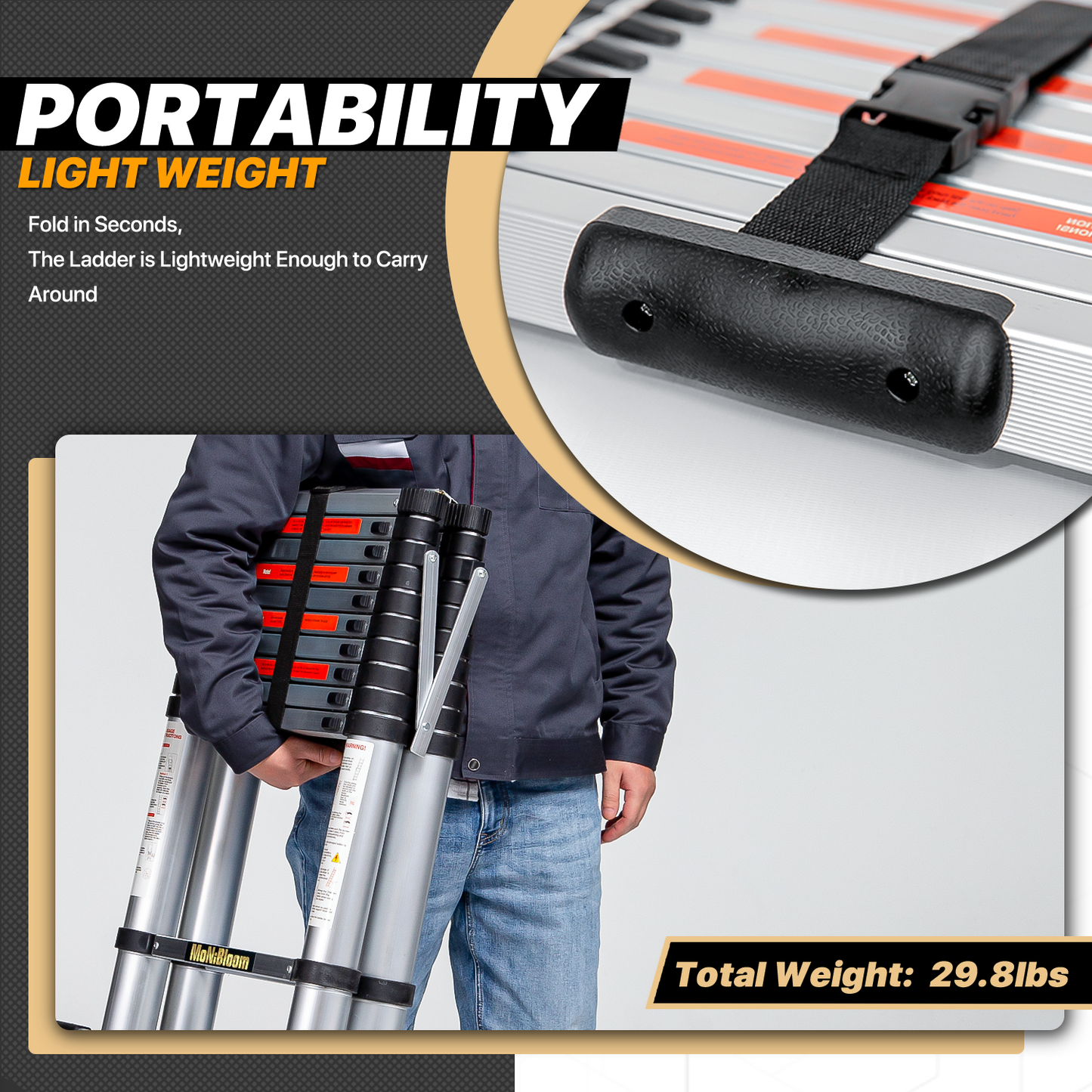 A-Frame Telescoping Ladder w/Stabilizer Bar - 9 Steps 8.23 ft/98.8", Black/Siiver
