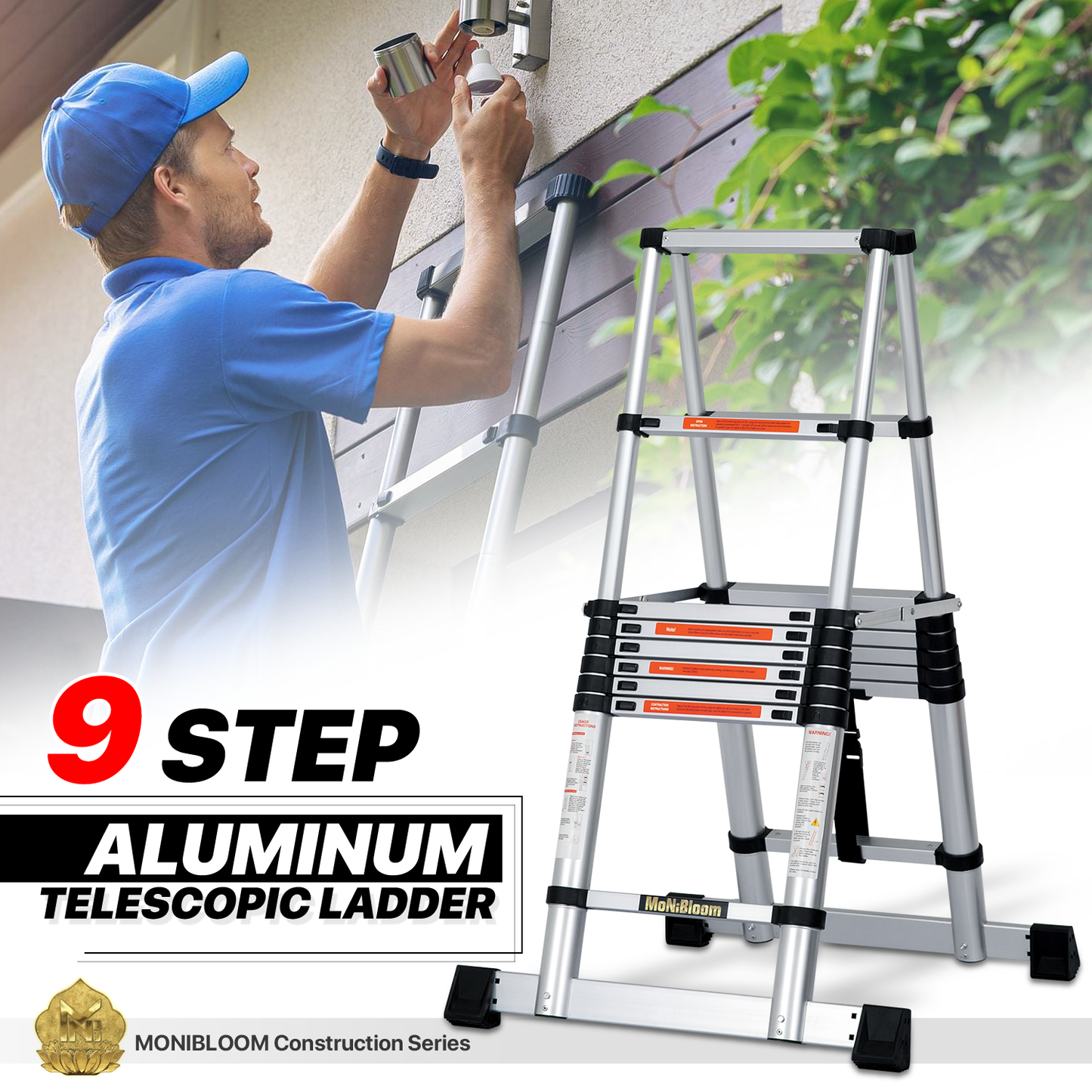A-Frame Telescoping Ladder w/Stabilizer Bar - 9 Steps 8.23 ft/98.8", Black/Siiver