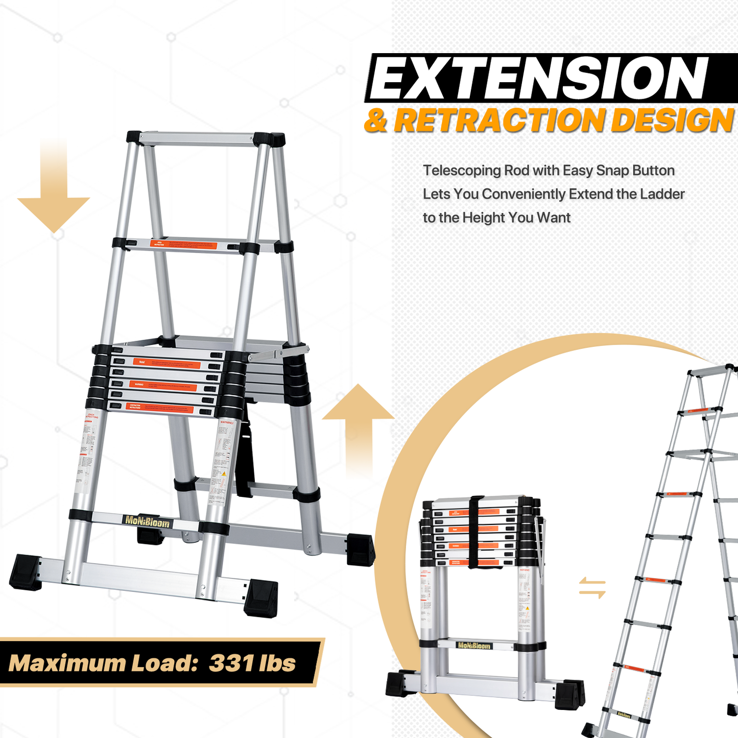 A-Frame Telescoping Ladder w/Stabilizer Bar - 9 Steps 8.23 ft/98.8", Black/Siiver