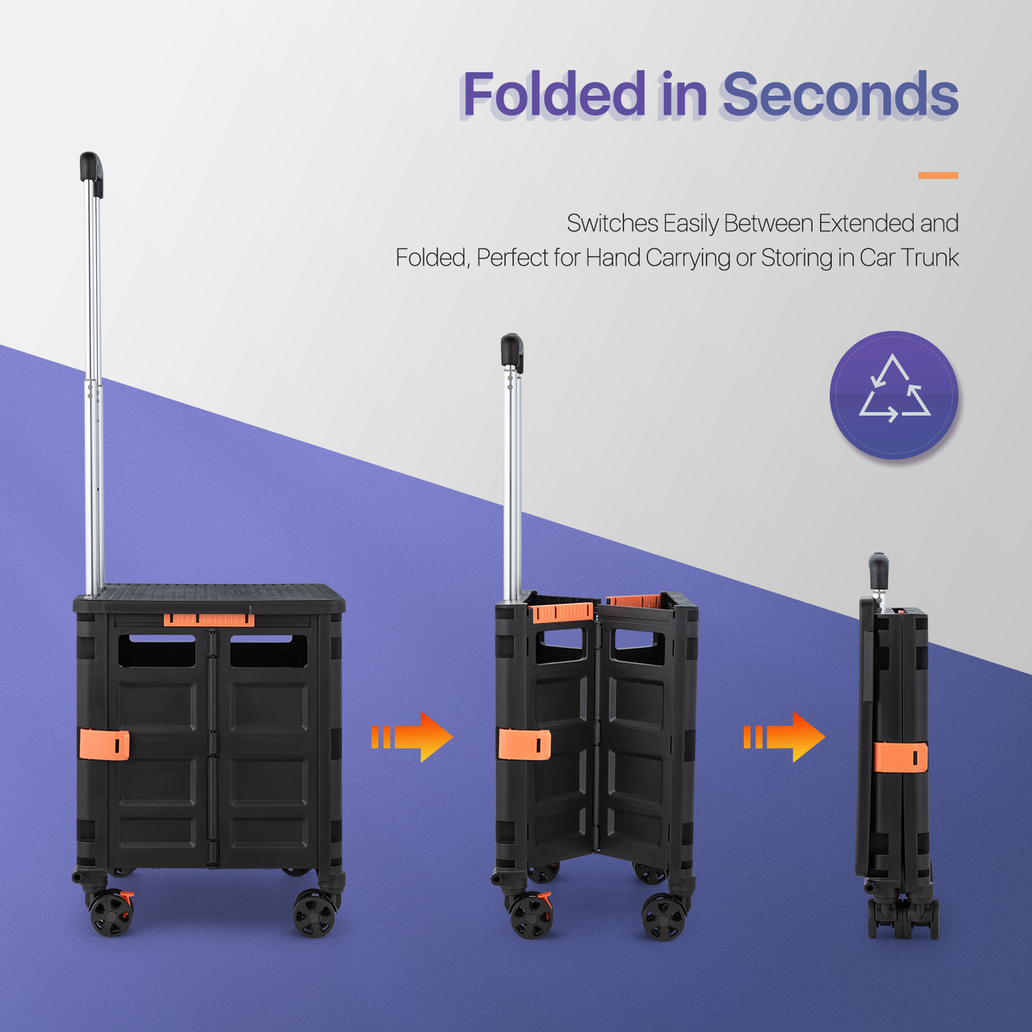 4-Wheeled Folding Shopping Cart w/Swivel Caster - 55 Litre