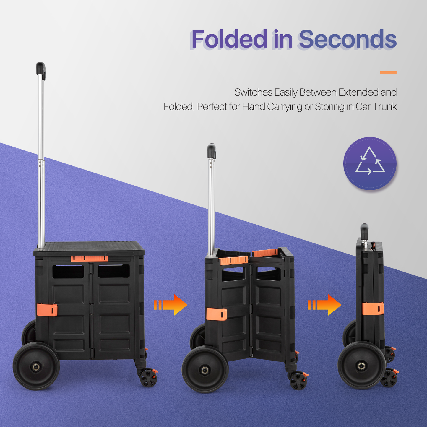 4-Wheeled Folding Shopping Cart w/Oversized Rear Caster - 55 Litre