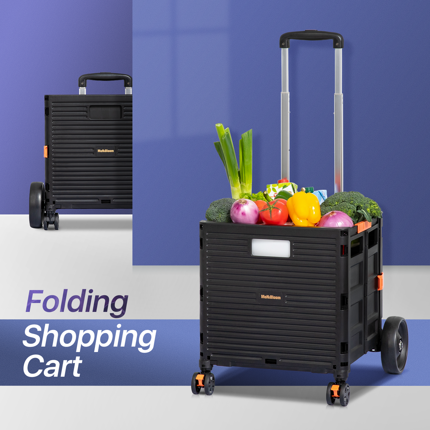 4-Wheeled Folding Shopping Cart w/Oversized Rear Caster - 55 Litre