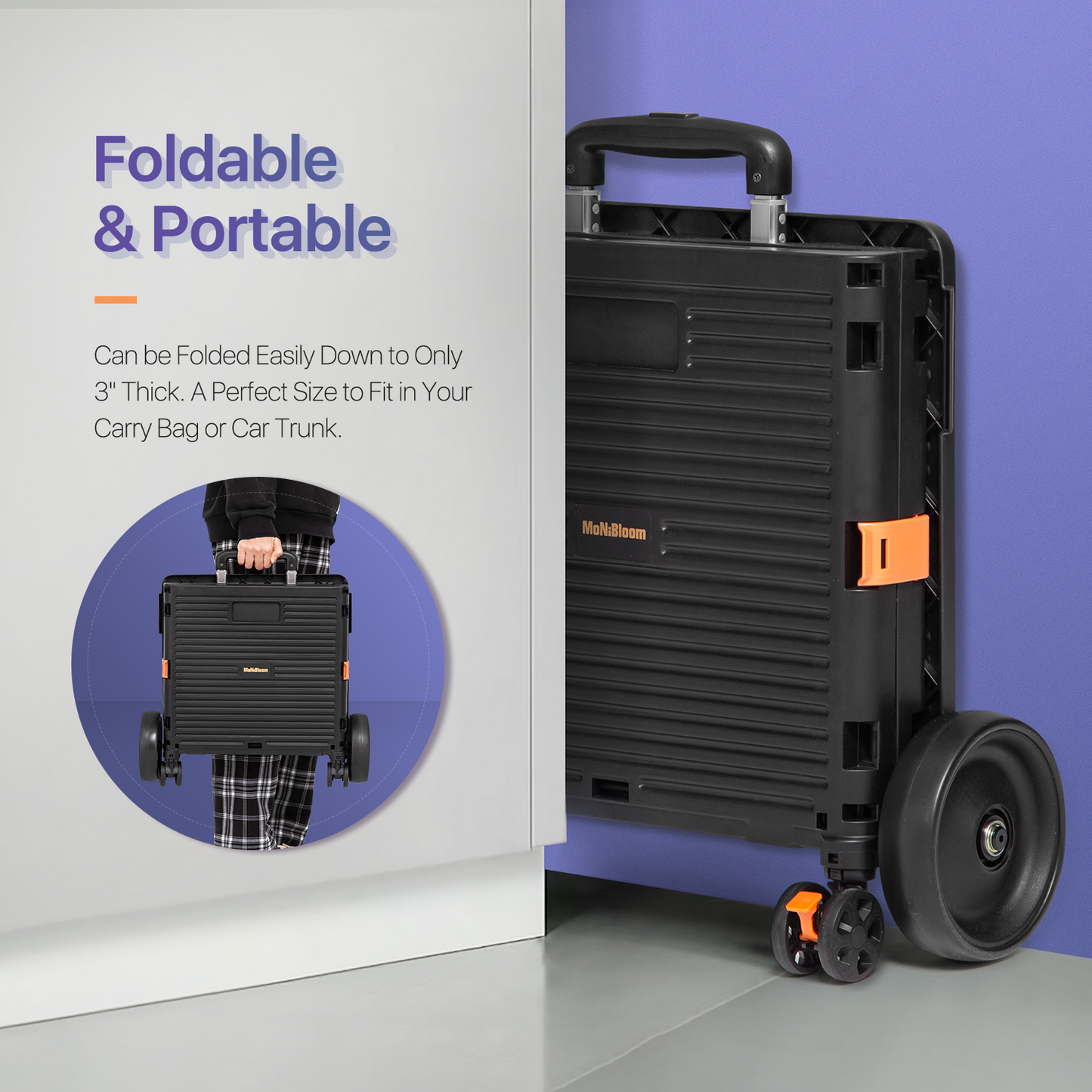 4-Wheeled Folding Shopping Cart w/Oversized Rear Caster - 55 Litre