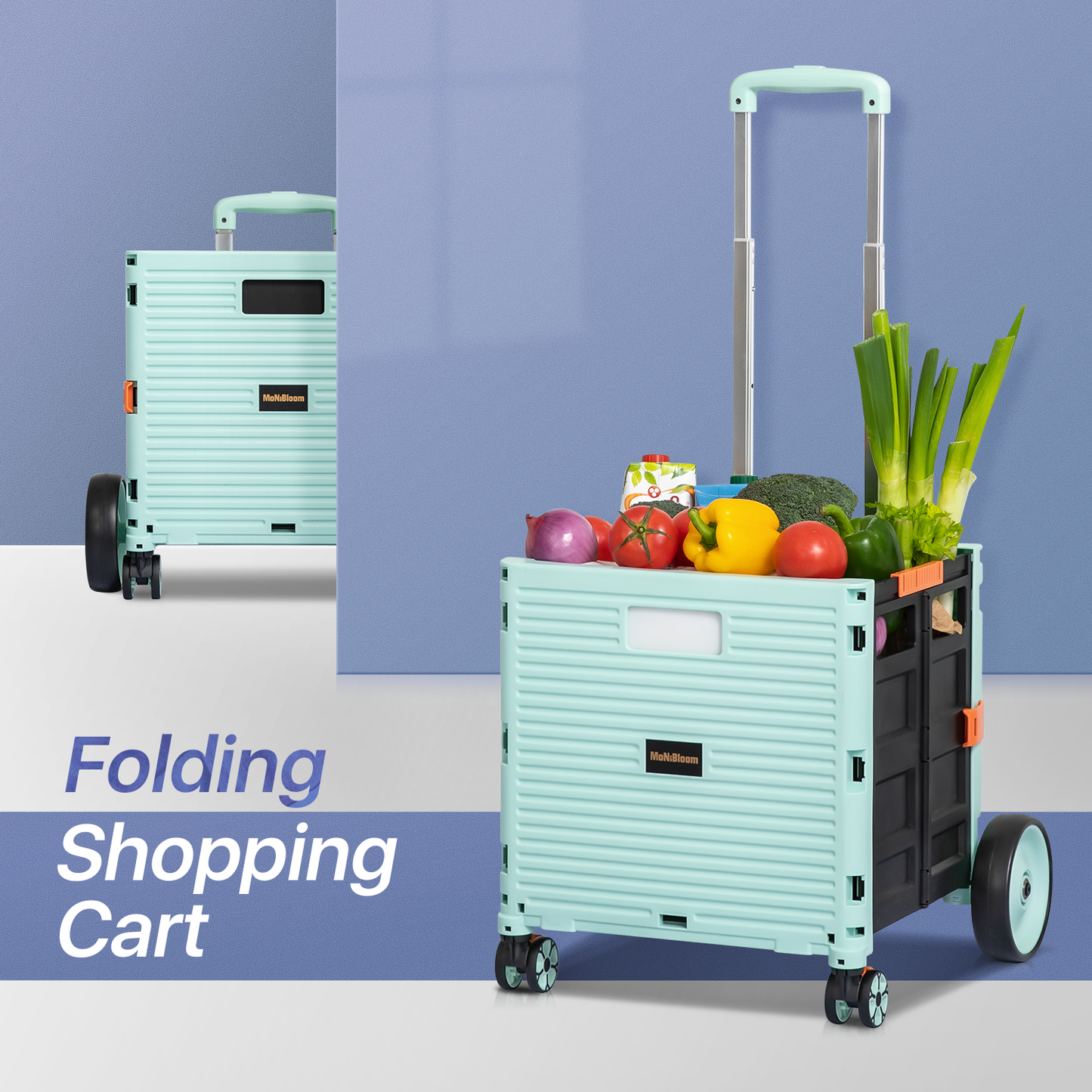 4-Wheeled Folding Shopping Cart w/Oversized Rear Caster - 55 Litre