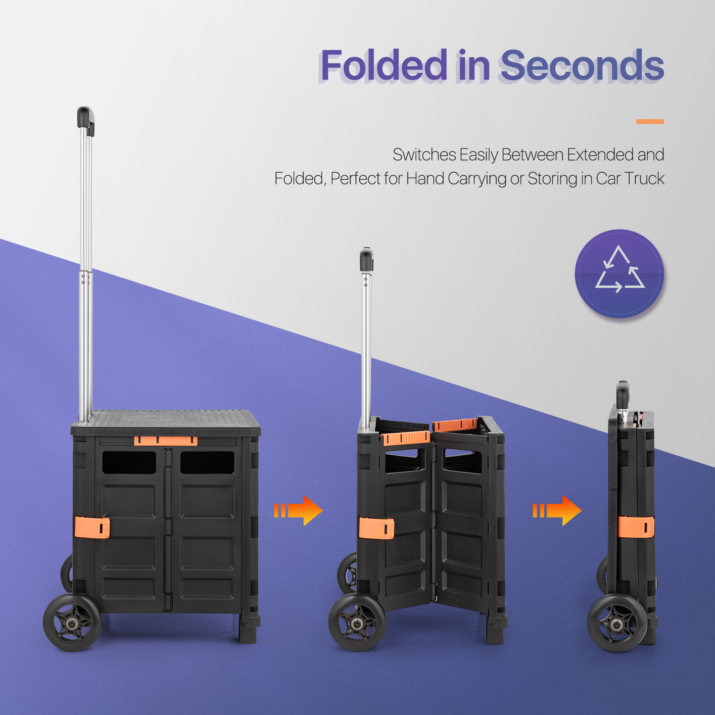 2-Wheeled Folding Shopping Cart w/Rubber Rear Caster - 55 Litre