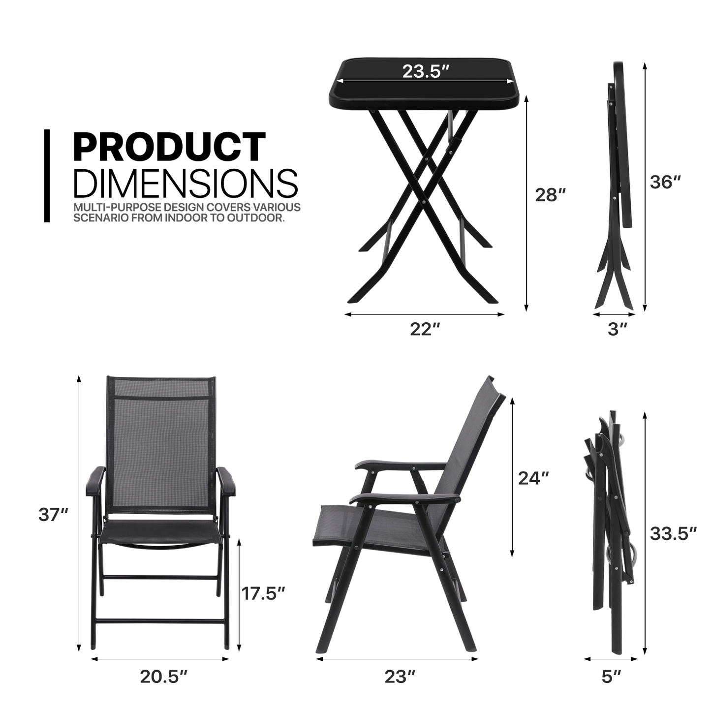 Patio Bistro Set, Tempered Glass Table & 2 Sling Chairs