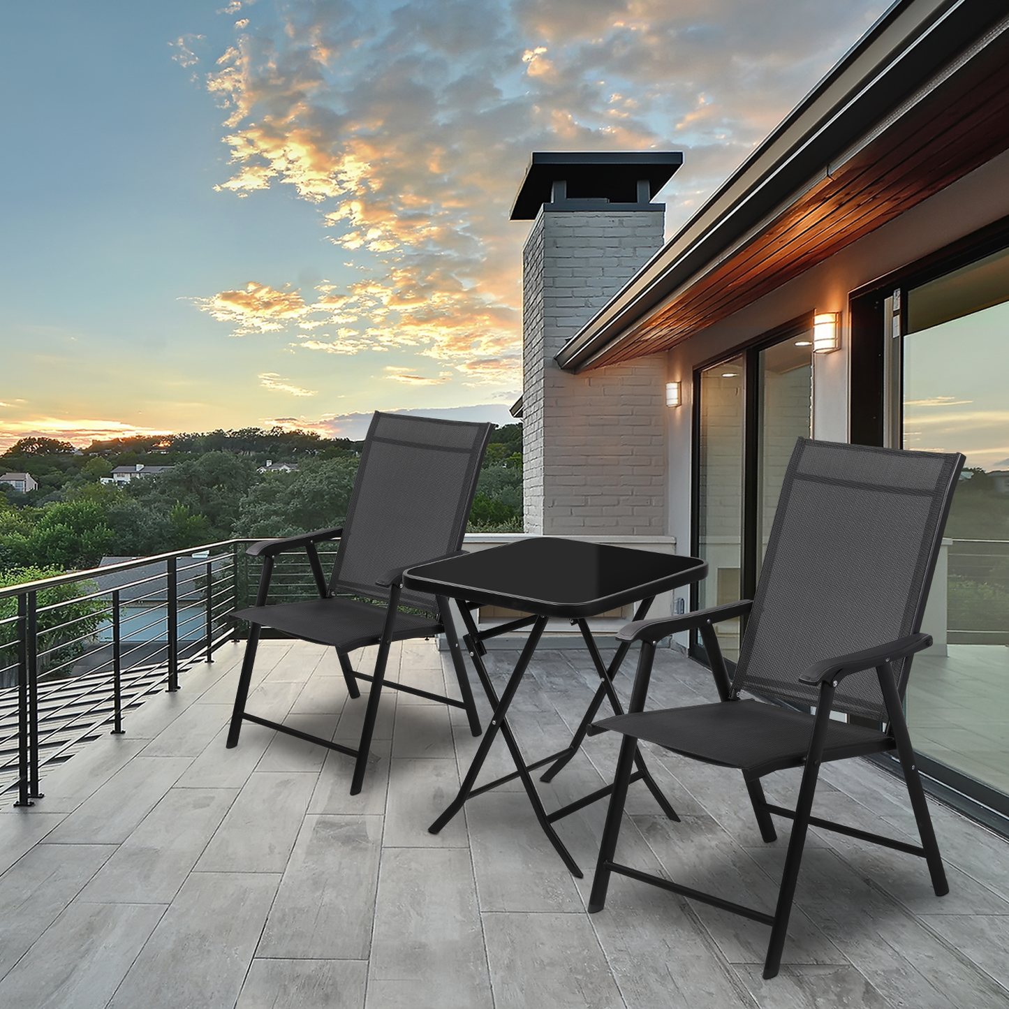 Patio Bistro Set, Tempered Glass Table & 2 Sling Chairs