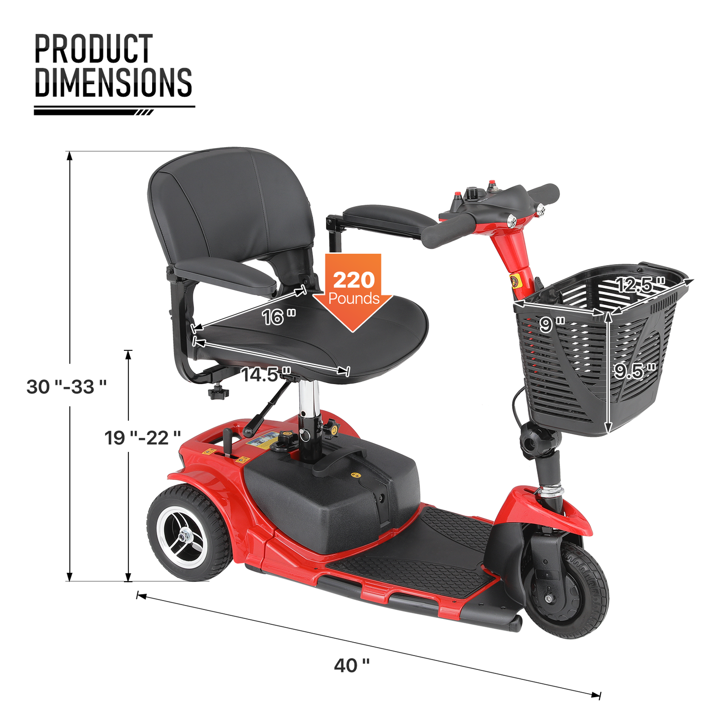 3-Wheels Mobility Scooter - 12 Miles of Battery Life - Adjustable Seat - Up to 3.8mph