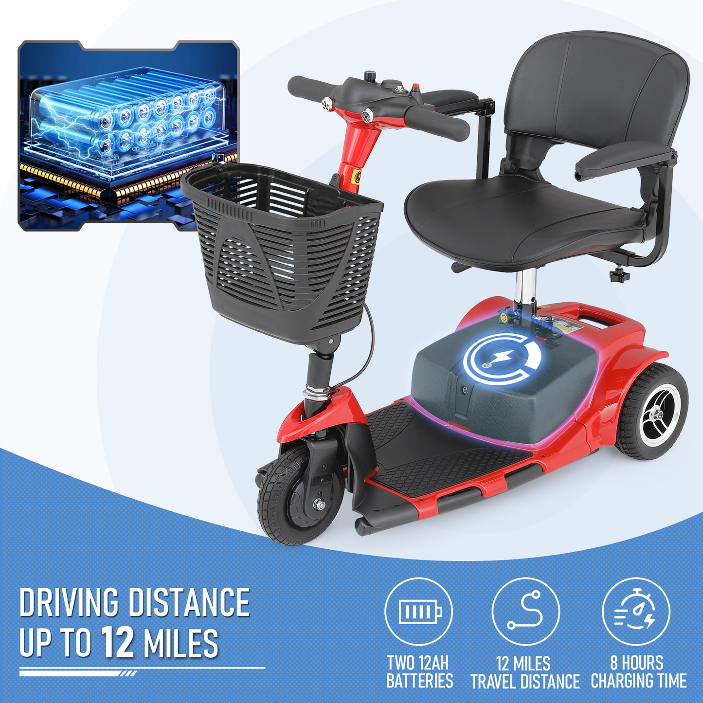 3-Wheels Mobility Scooter - 12 Miles of Battery Life - Adjustable Seat - Up to 3.8mph