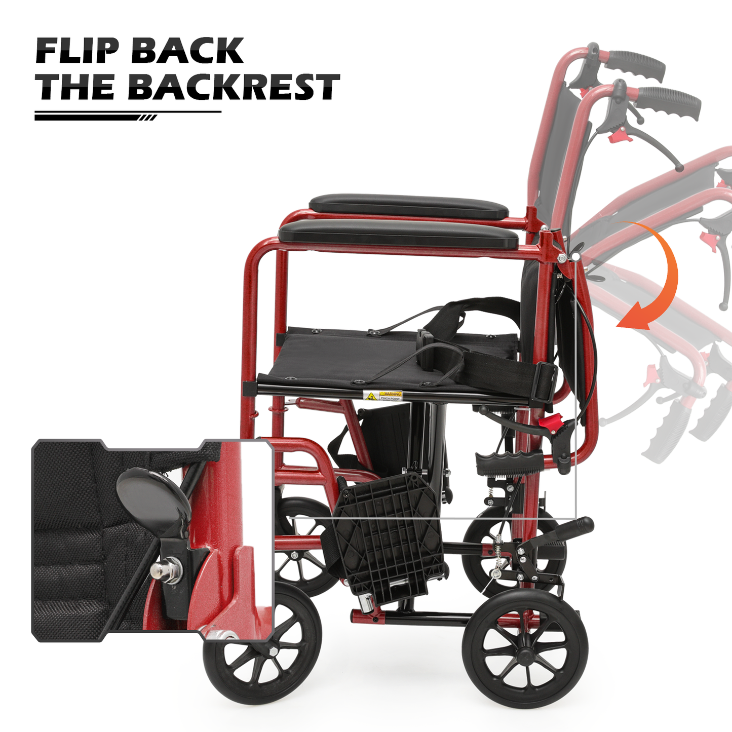 Lightweight Transport Wheelchair - FDA Approved, with Handbrakes, Red