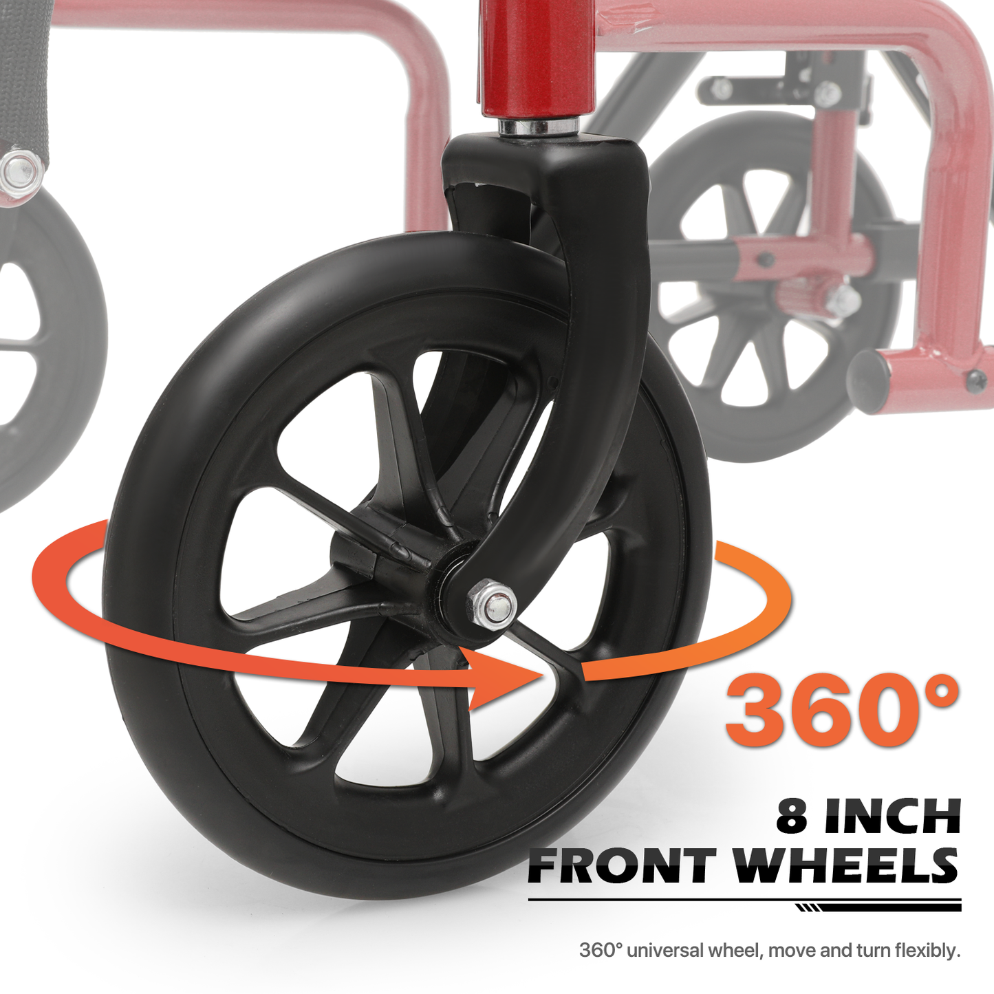 Lightweight Transport Wheelchair - FDA Approved, with Handbrakes, Red