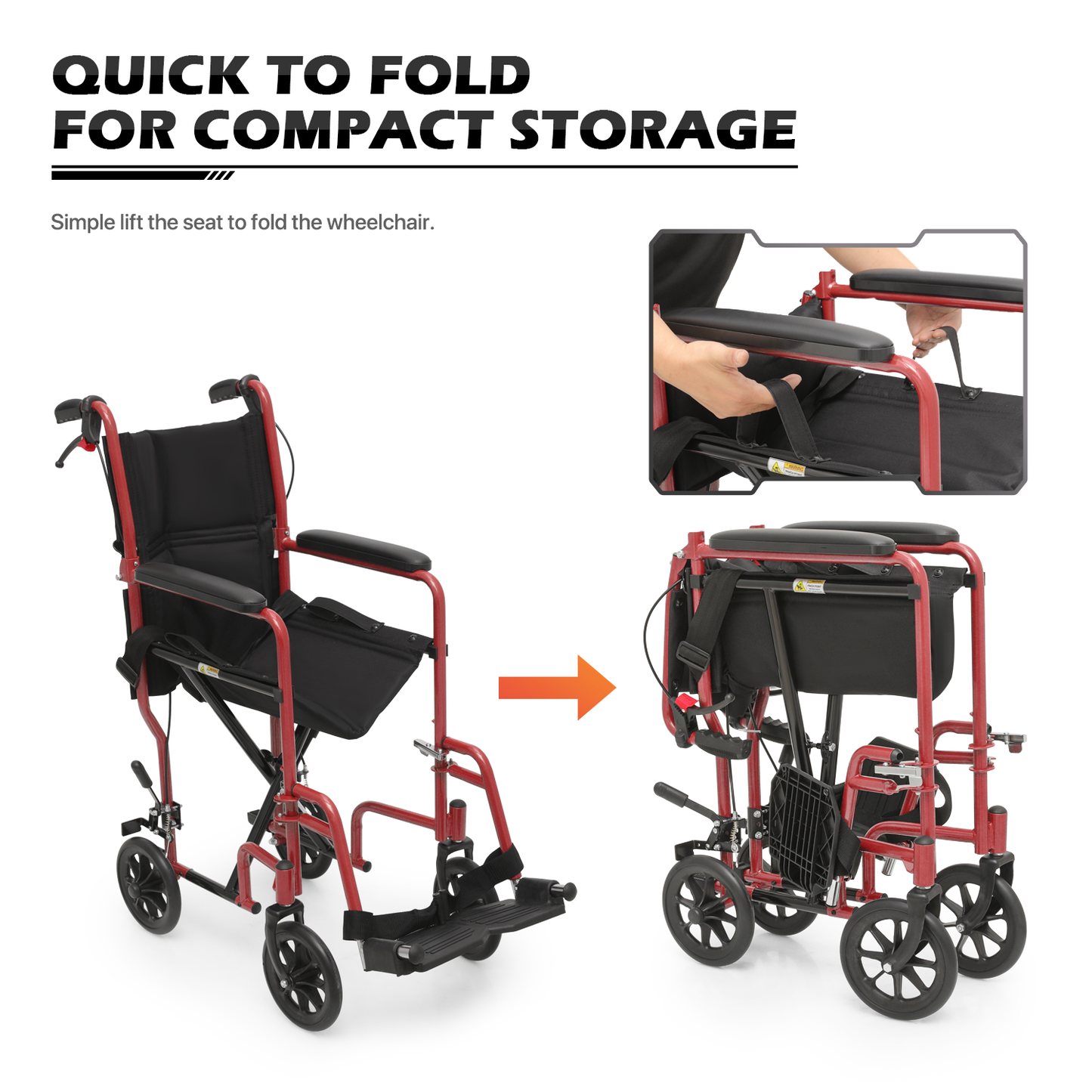 Lightweight Transport Wheelchair - FDA Approved, with Handbrakes, Red