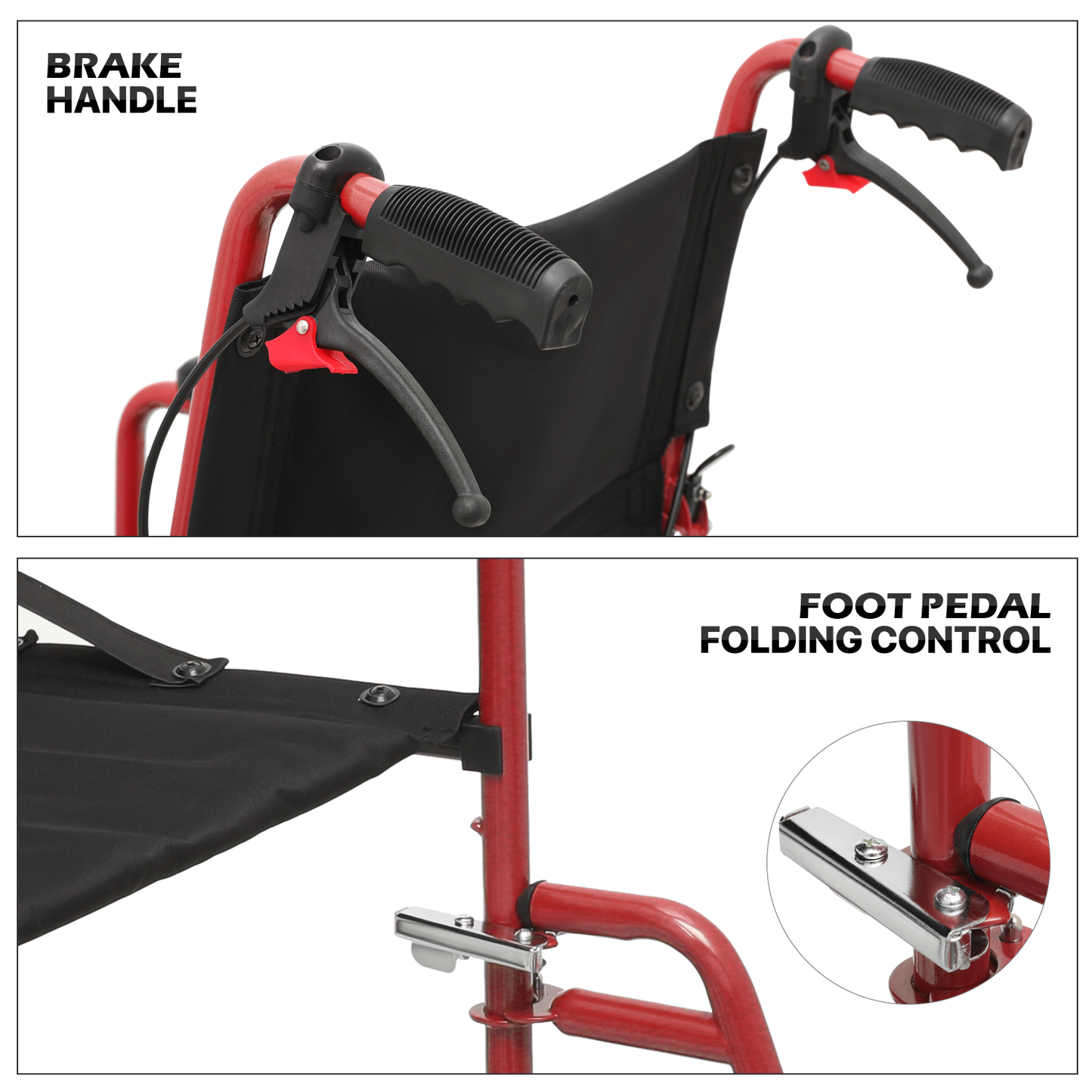 Lightweight Transport Wheelchair - FDA Approved, with Handbrakes, Red