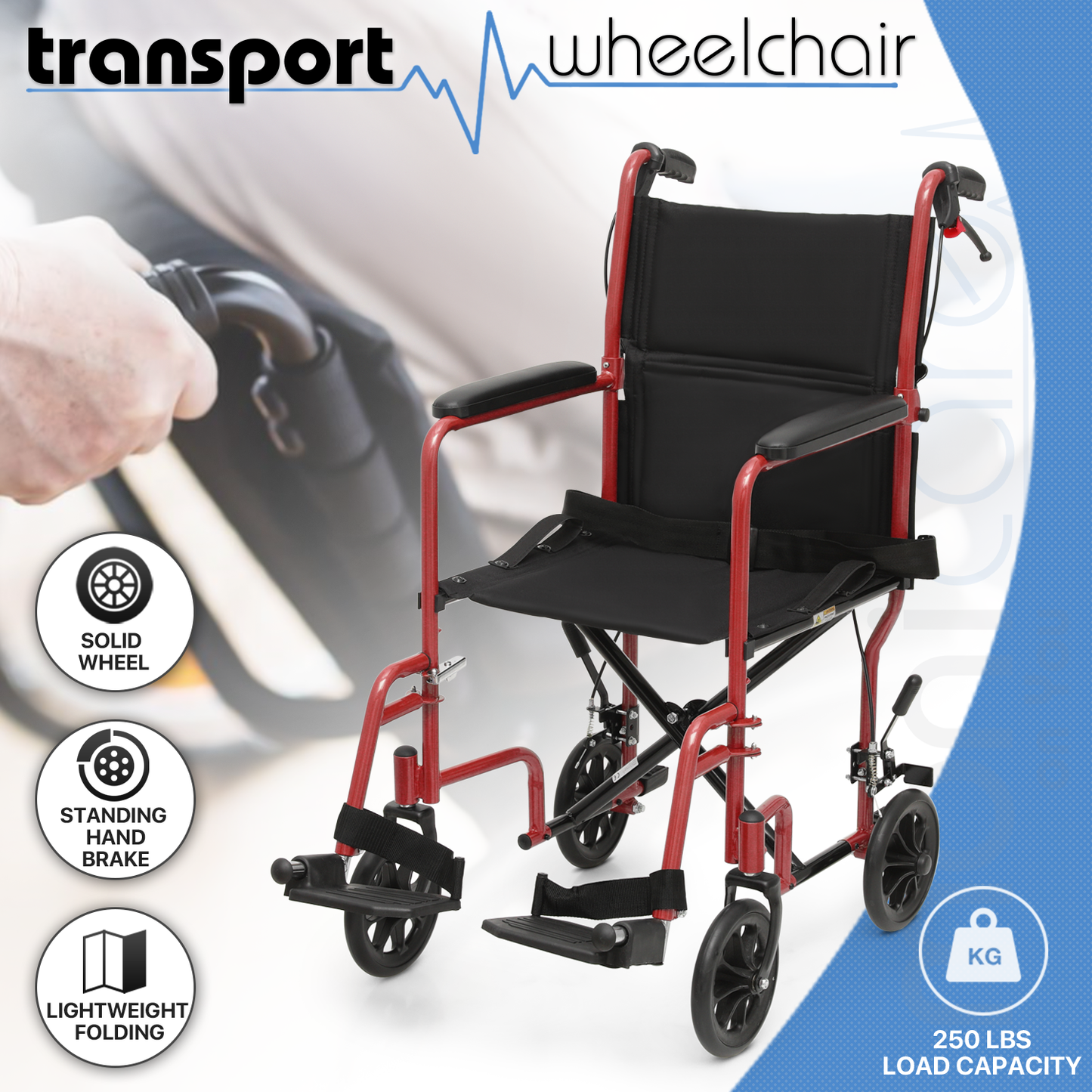 Lightweight Transport Wheelchair - FDA Approved, with Handbrakes, Red