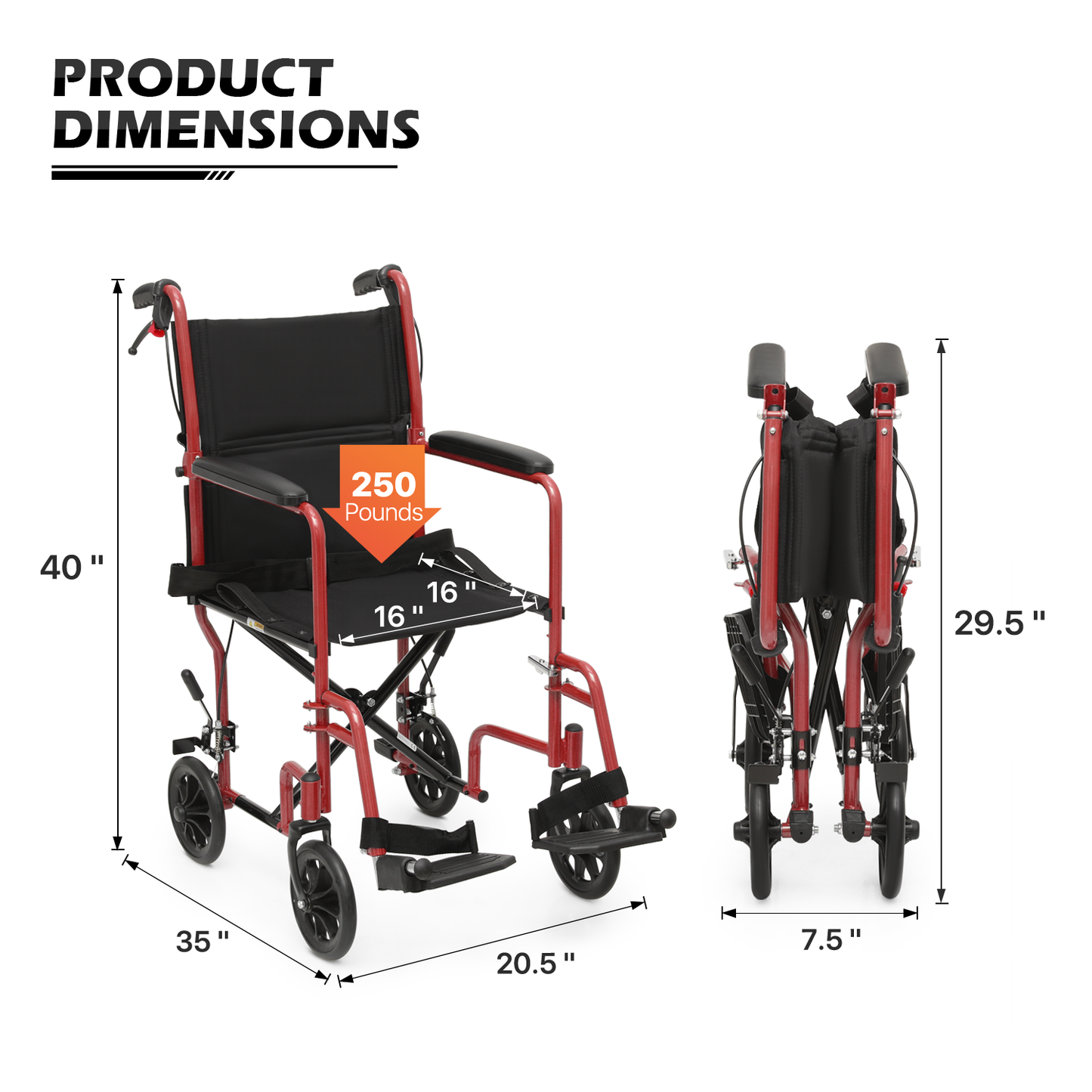 Lightweight Transport Wheelchair - FDA Approved, with Handbrakes, Red