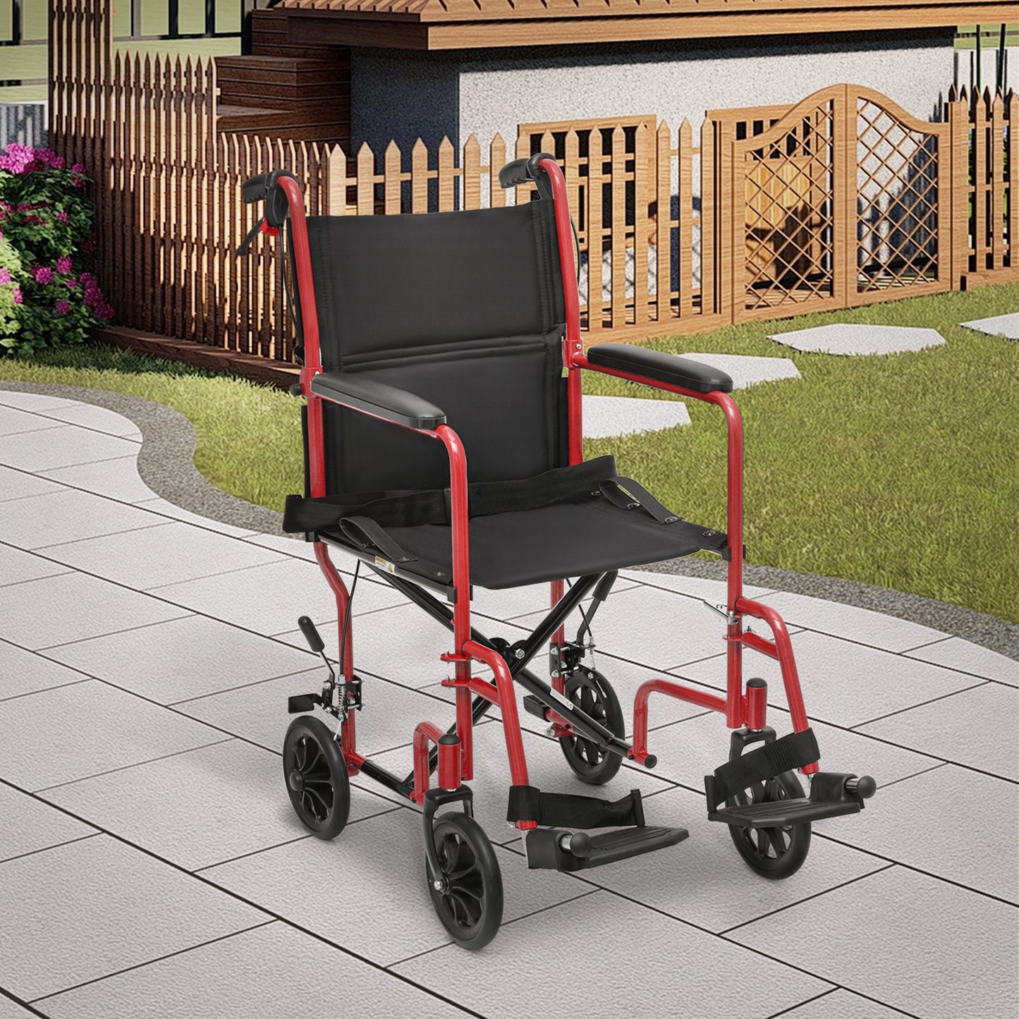 Lightweight Transport Wheelchair - FDA Approved, with Handbrakes, Red