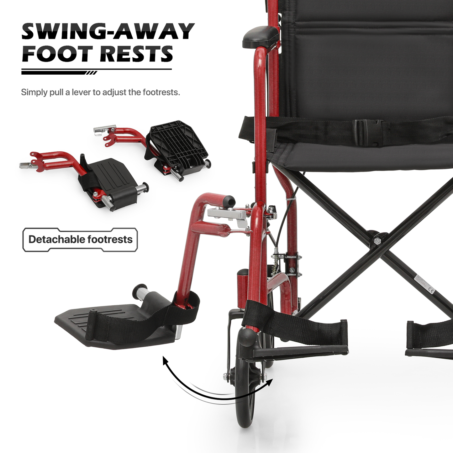 Lightweight Transport Wheelchair - FDA Approved, with Handbrakes, Red