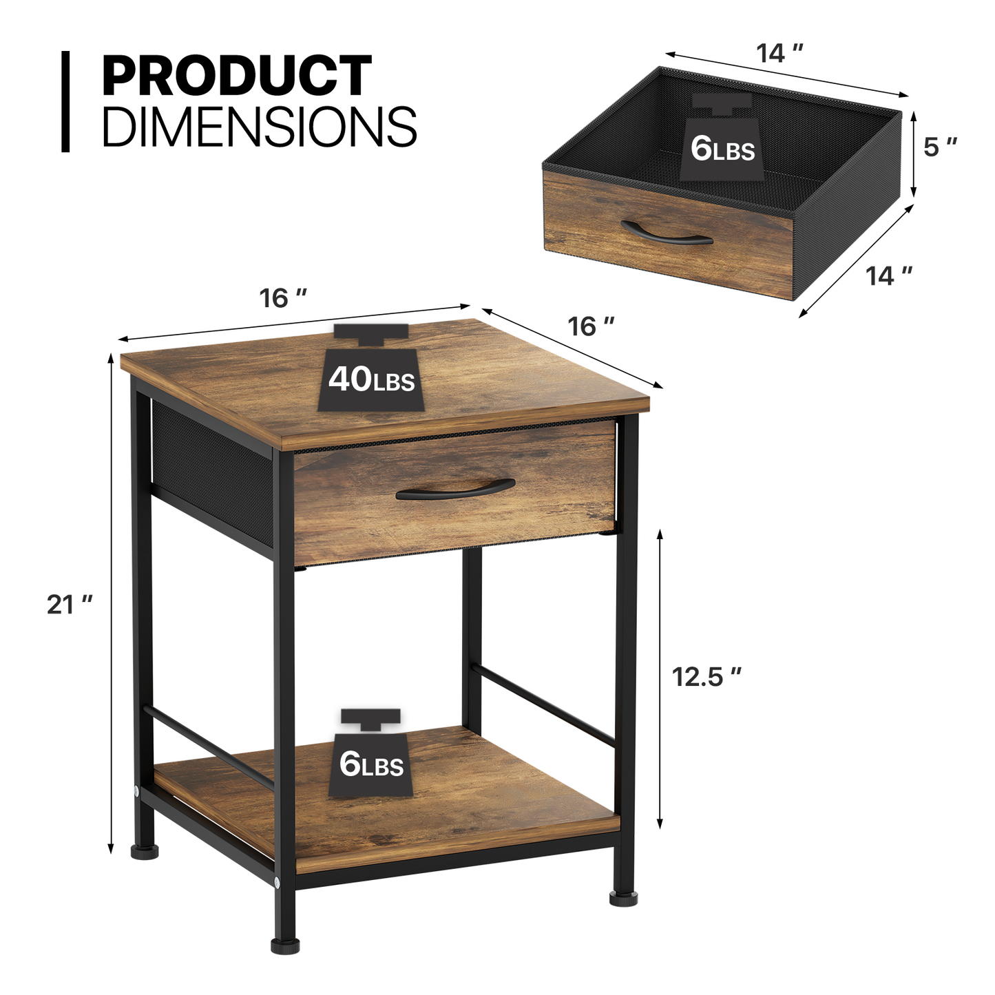 Bedside Nightstand Sofa End Table - 16"x16"x21"