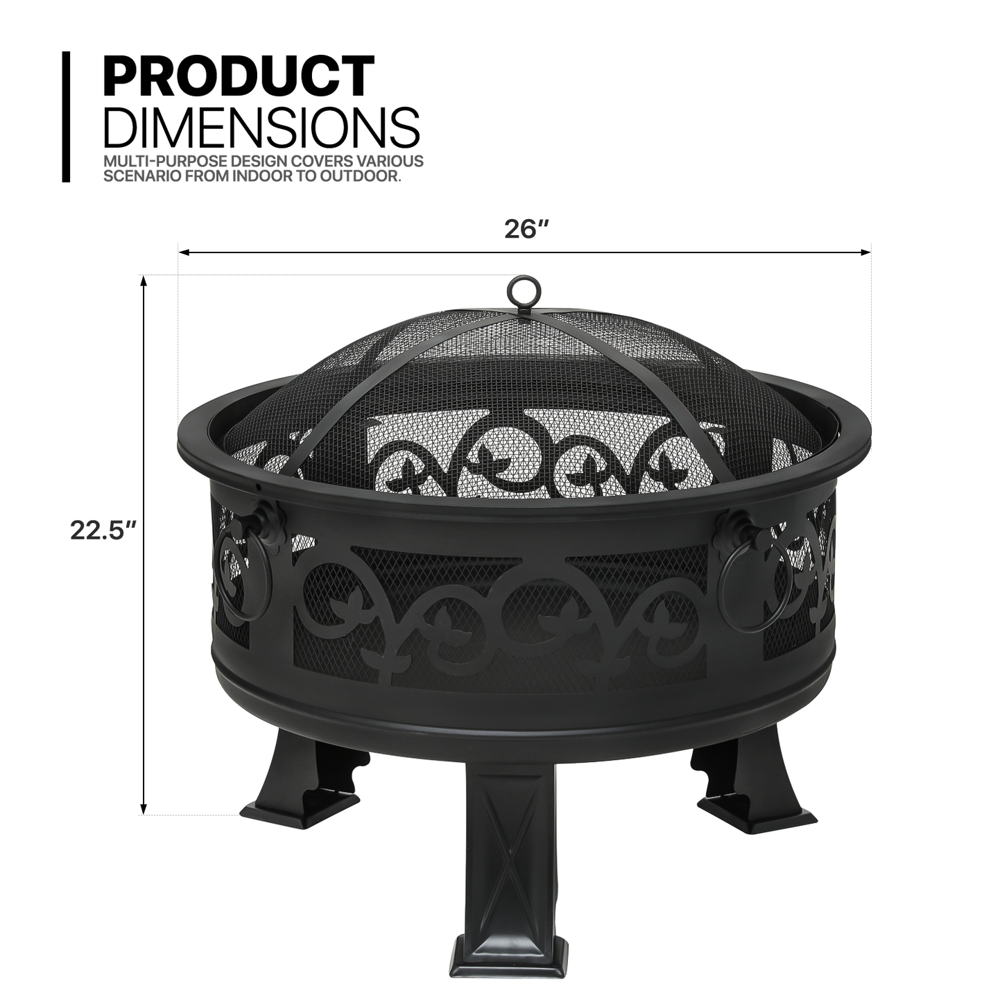 26" Floral Pattern Round Fire Pit w/Poker & Spark Screen