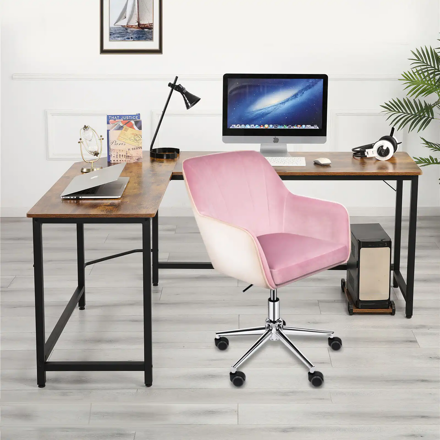 Velvet Computer Chair Adjustable Mid-Back Home Office Swivel Desk Executive Seat