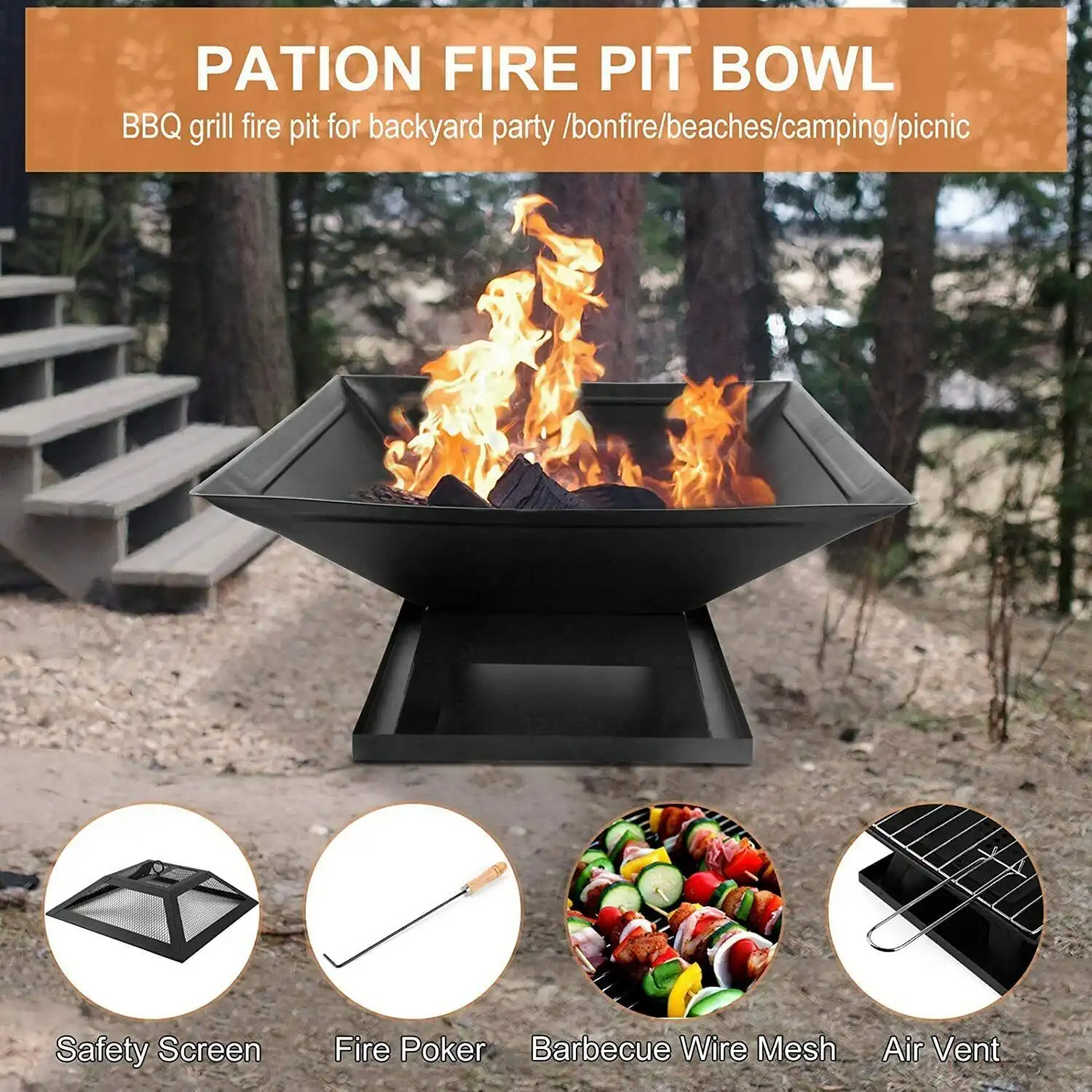 18.5"Square Wood Burning Fire Pit - Poker+Spark Screen
