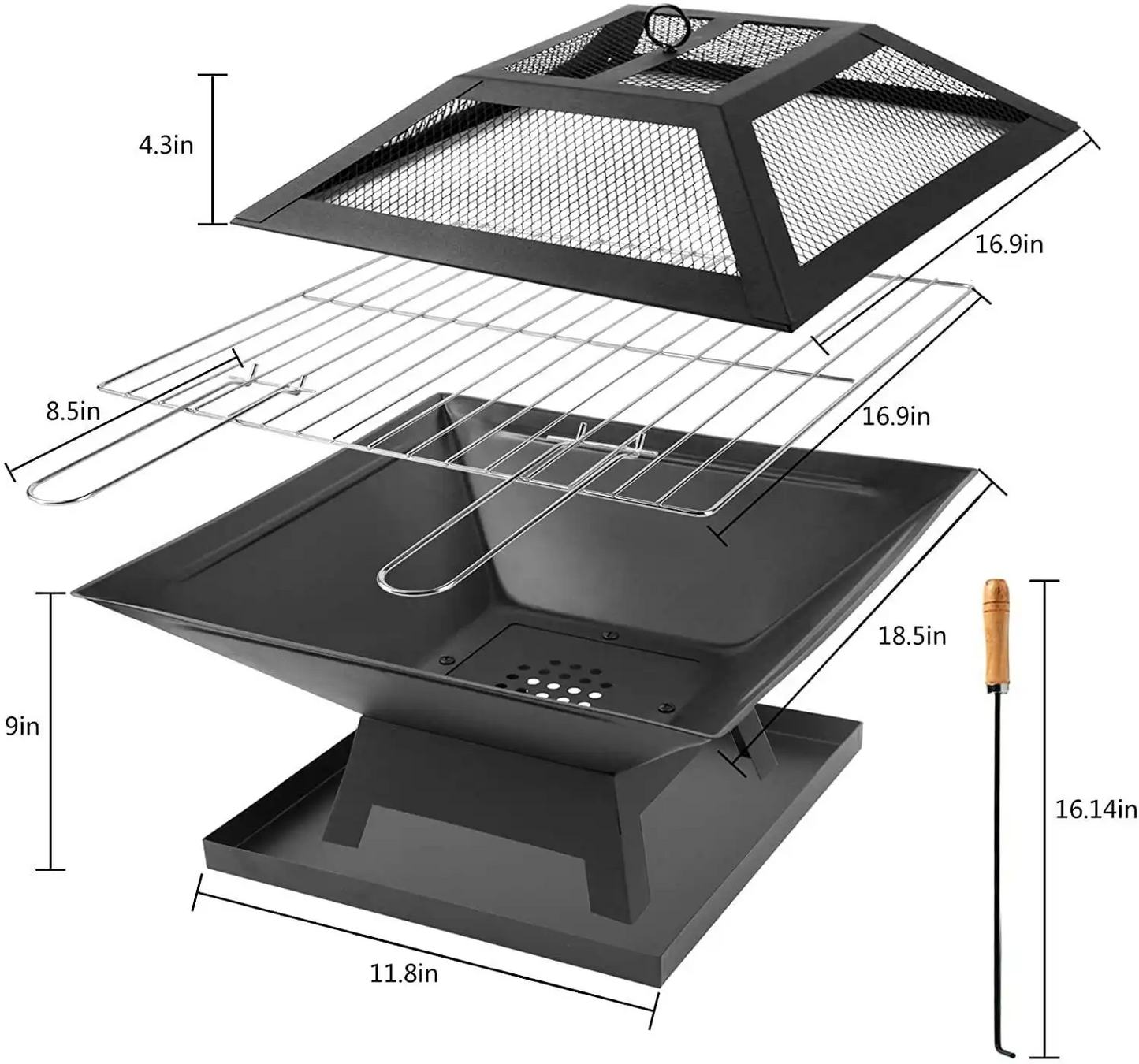 18.5"Square Wood Burning Fire Pit - Poker+Spark Screen