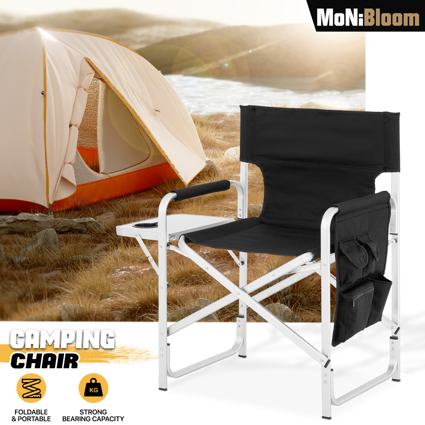 Foldable Director Chair-34.5" Seat Height-Cup Holder Tray+Side Pocket