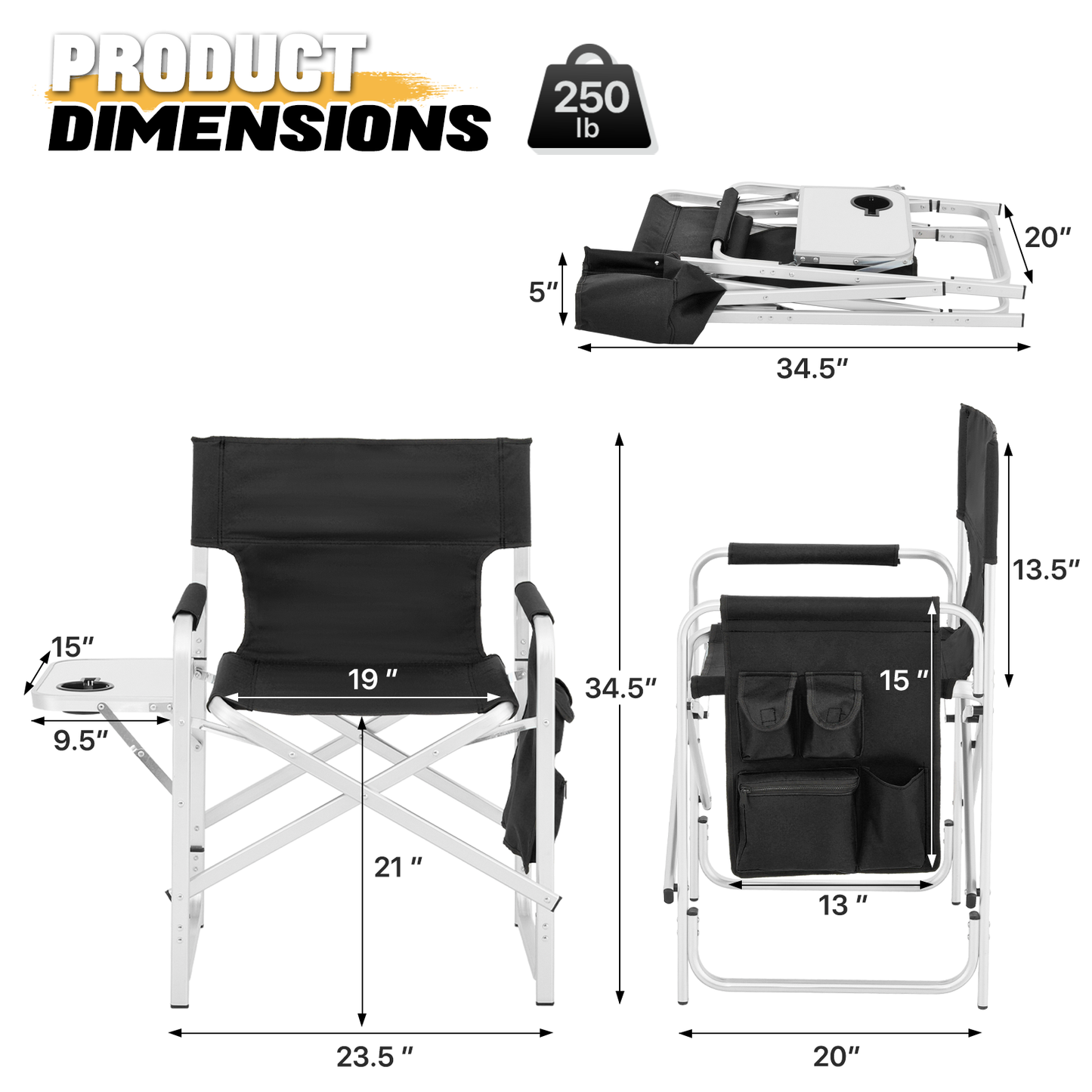 Foldable Director Chair-34.5" Seat Height-Cup Holder Tray+Side Pocket