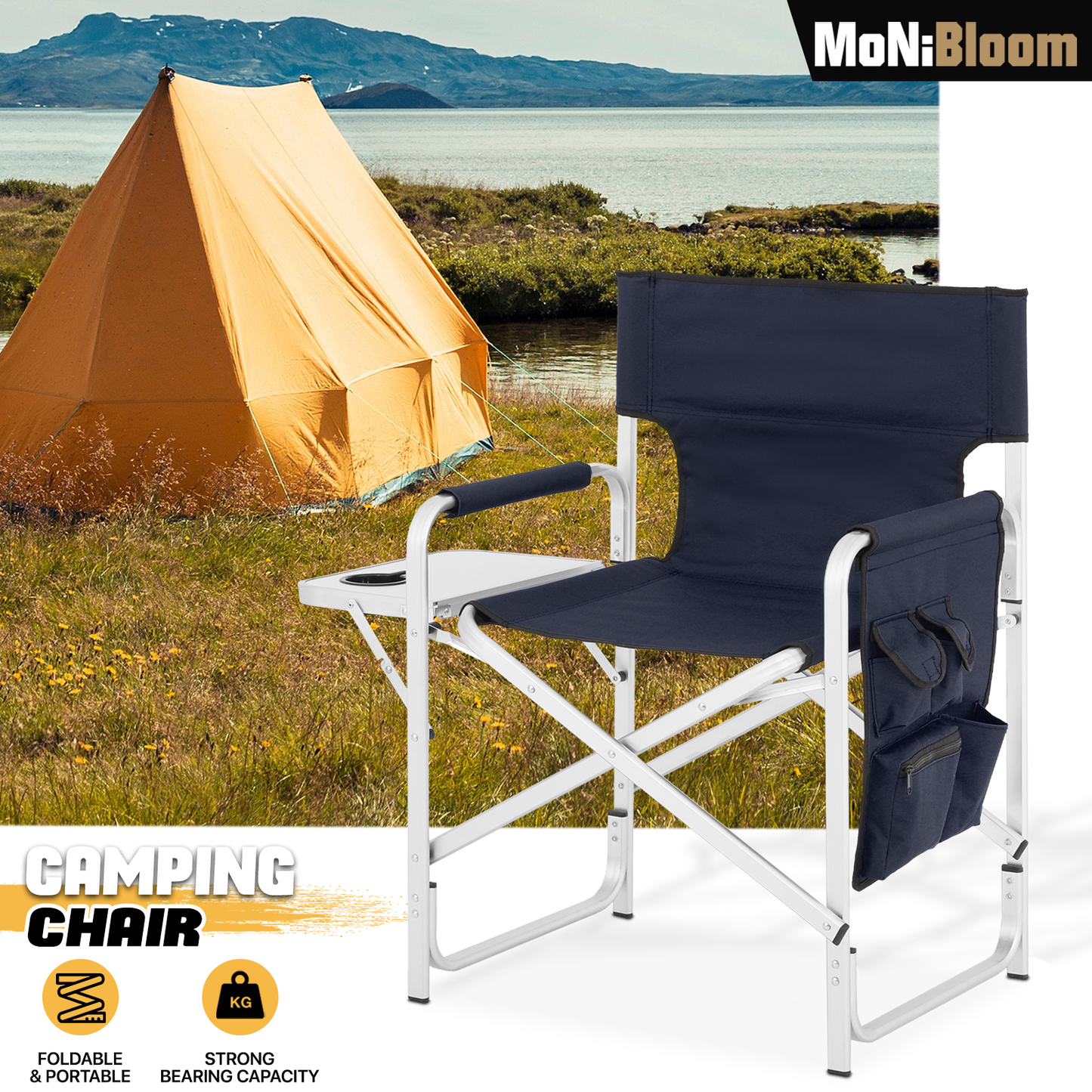 Foldable Director Chair-34.5" Seat Height-Cup Holder Tray+Side Pocket