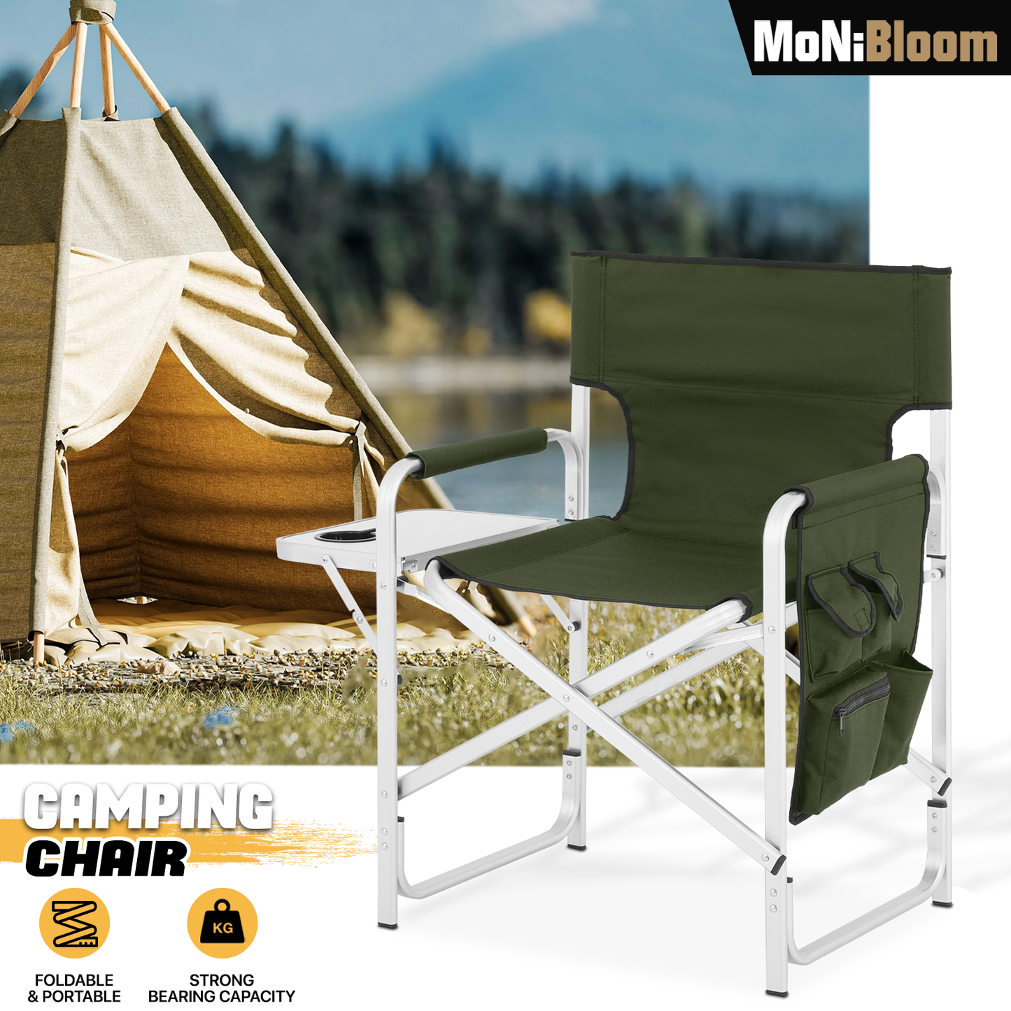 Foldable Director Chair-34.5" Seat Height-Cup Holder Tray+Side Pocket