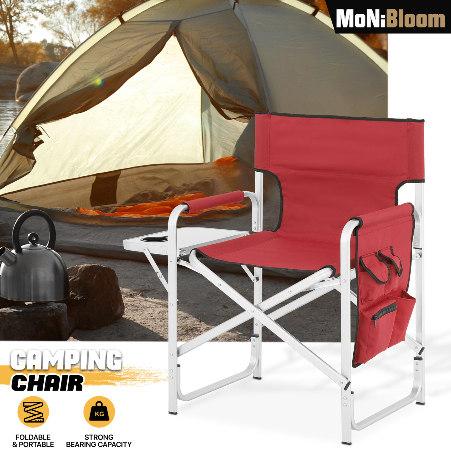 Foldable Director Chair-34.5" Seat Height-Cup Holder Tray+Side Pocket