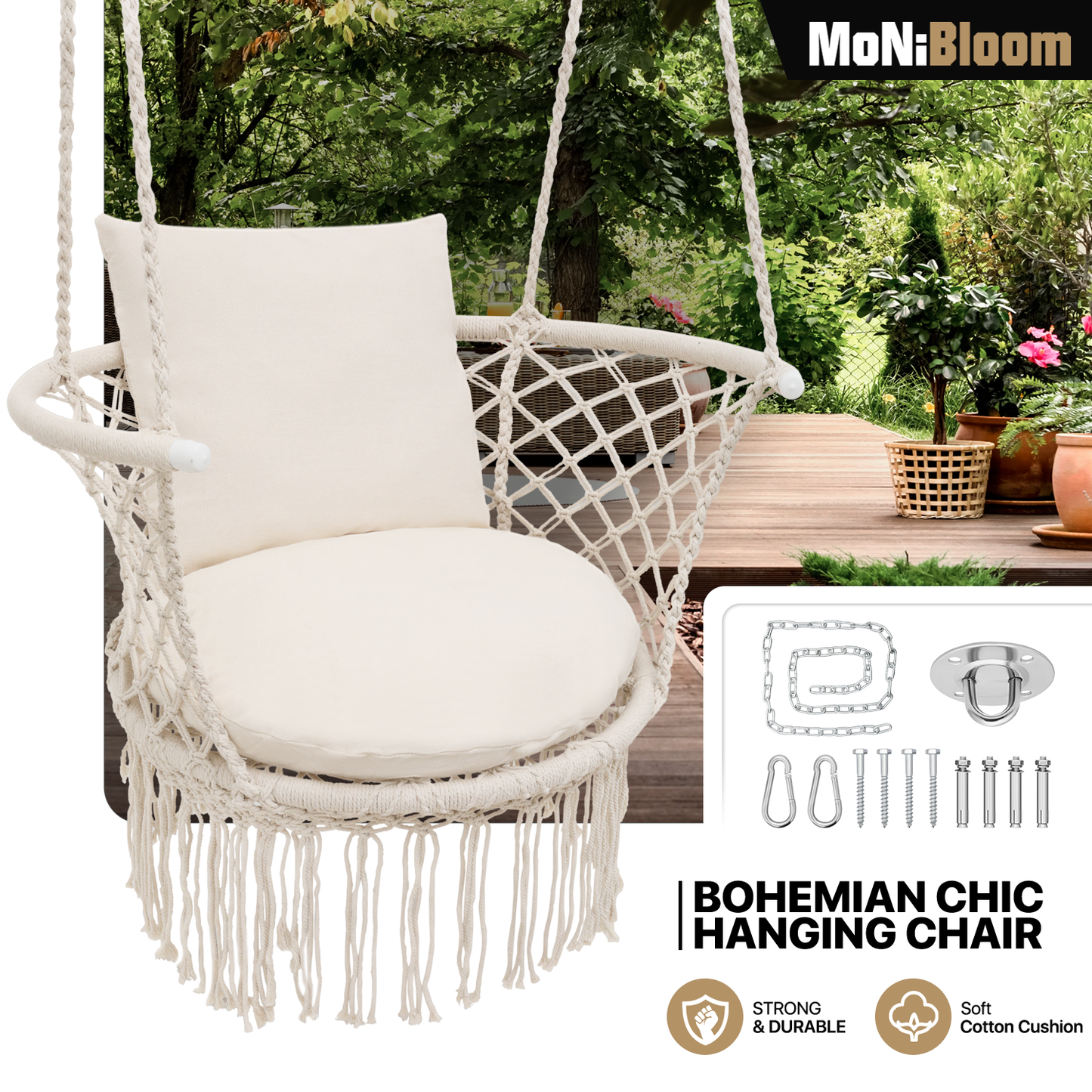 Round Macrame Hammock Hanging Chair - Cotton Cushion Seat