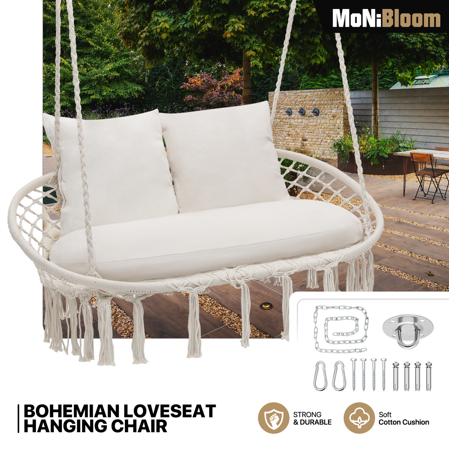 LoveSeat Hammock Chair - Macrame Hanging Rope Swing - 700 lbs - with Tassels