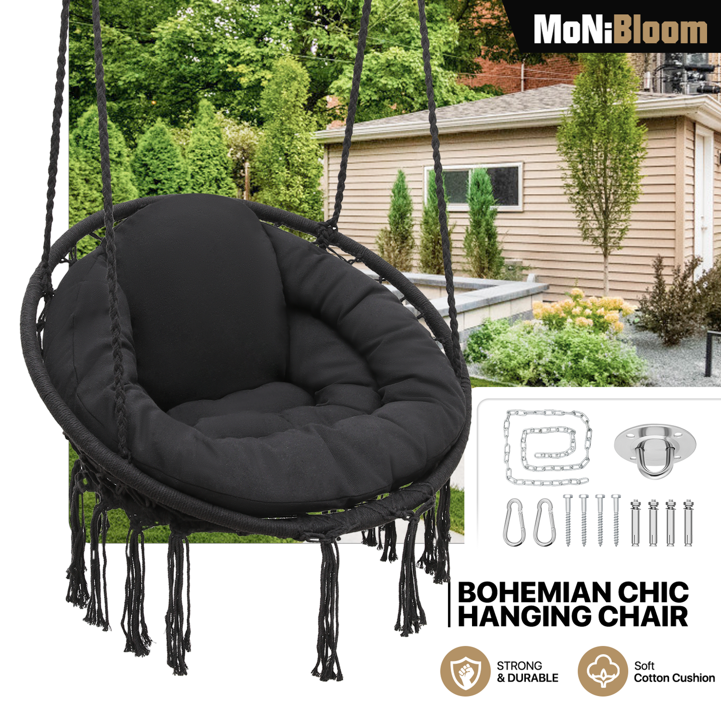 Hanging Cotton Rope Swing - Macrame Hammock Chair - Cushion Seat