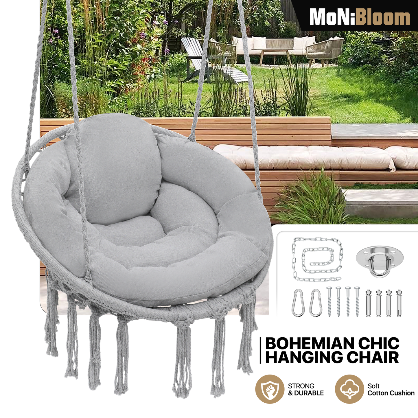 Hanging Cotton Rope Swing - Macrame Hammock Chair - Cushion Seat