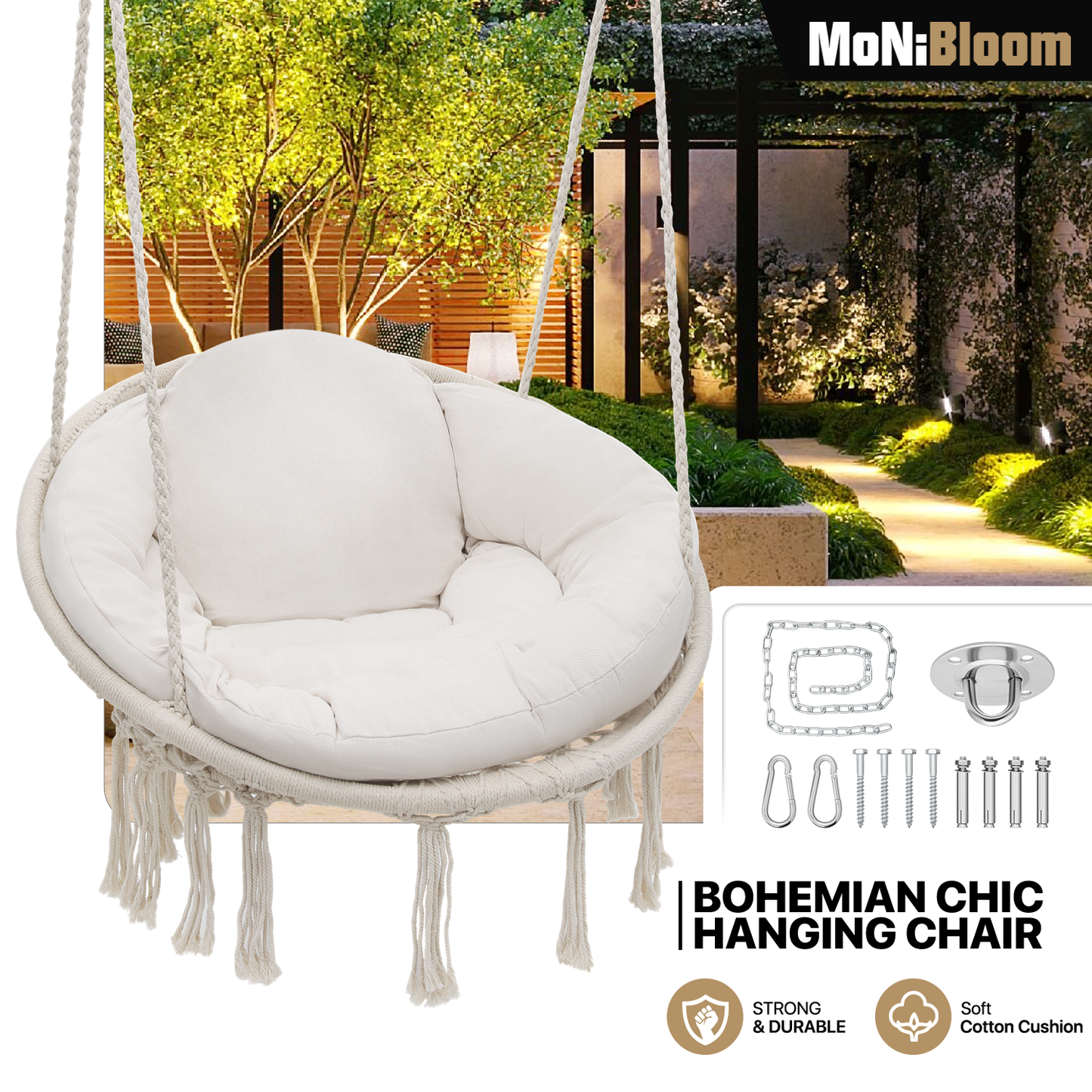 Hanging Cotton Rope Swing - Macrame Hammock Chair - Cushion Seat