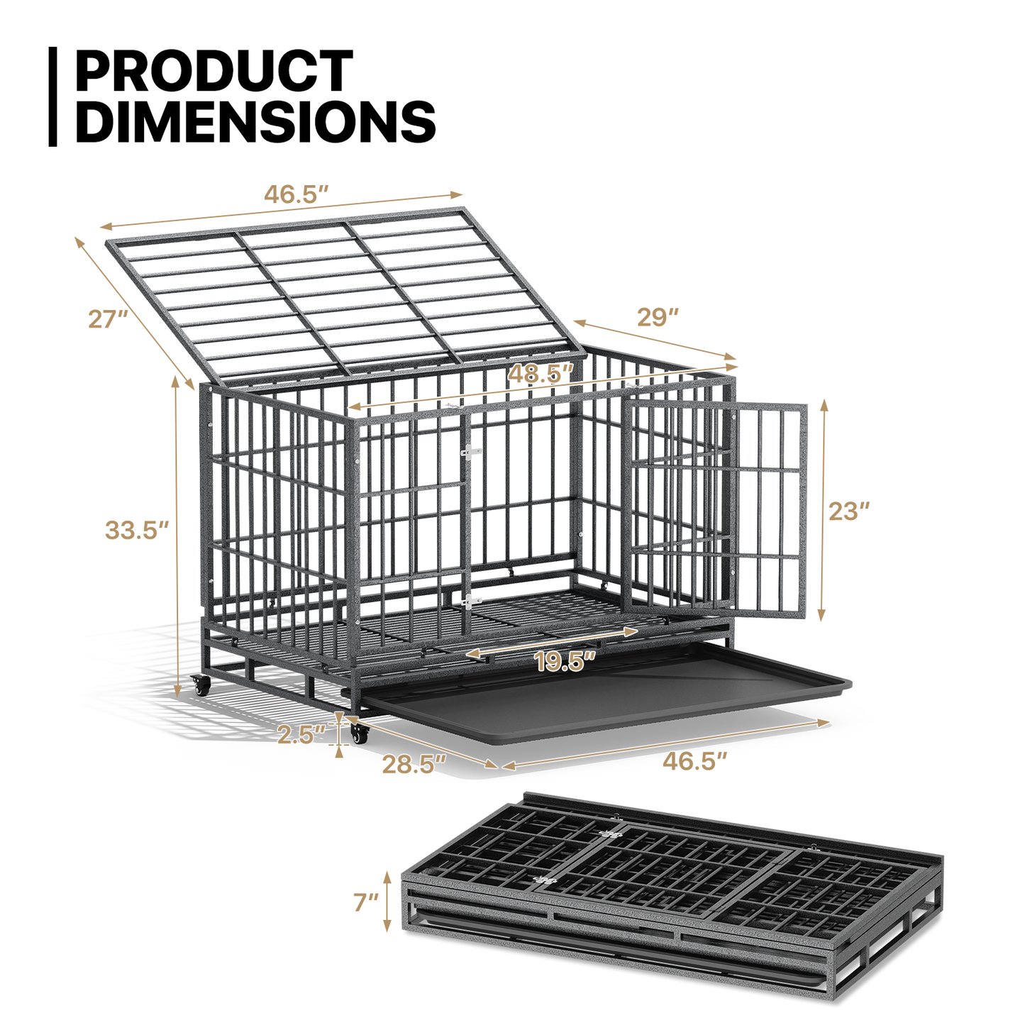 Dog Crate - Alloy Steel Frame - w/Slide-out Tray, 4 Casters - Dark Silver