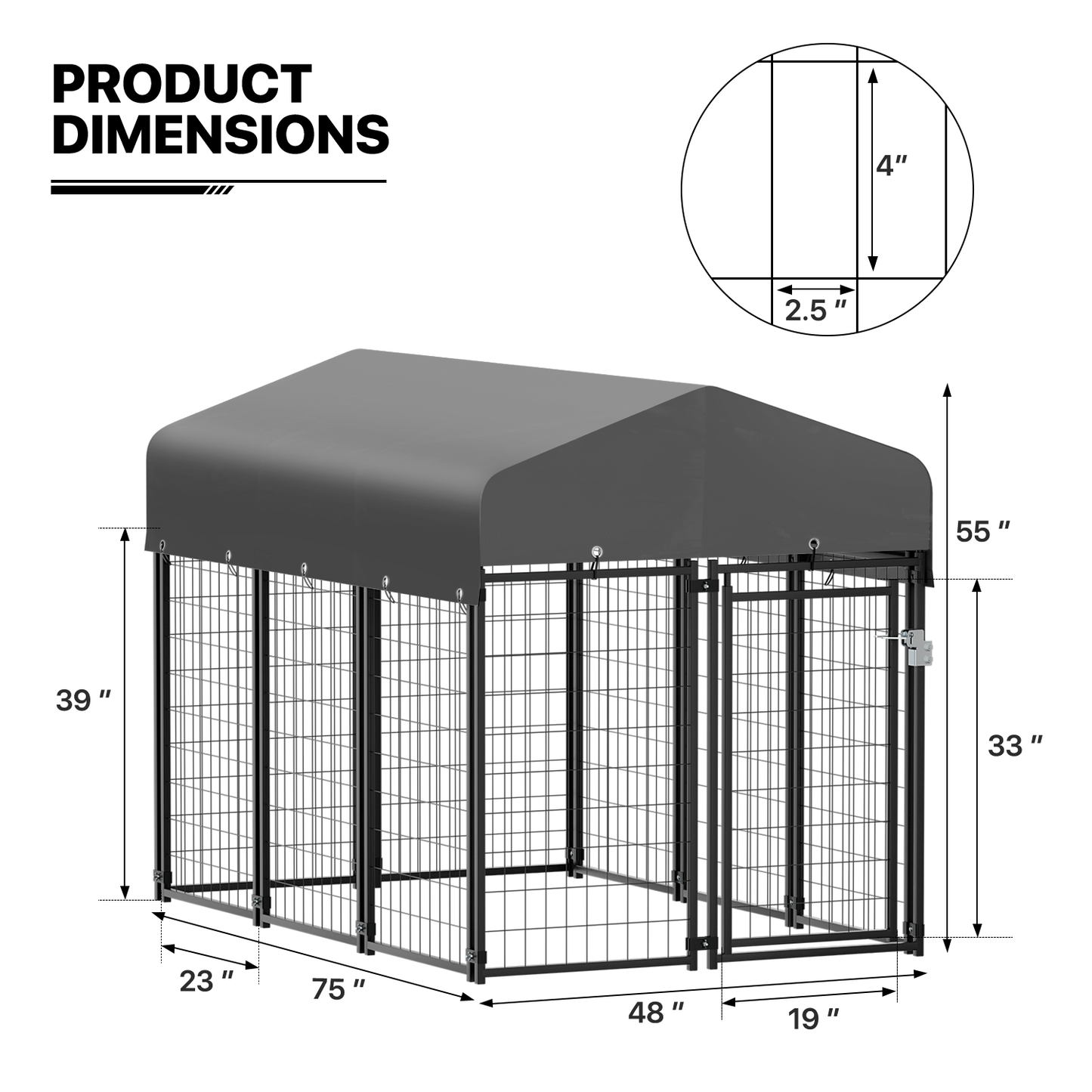 Yard Kennel - 75''Length w/ Roof Cover - Black